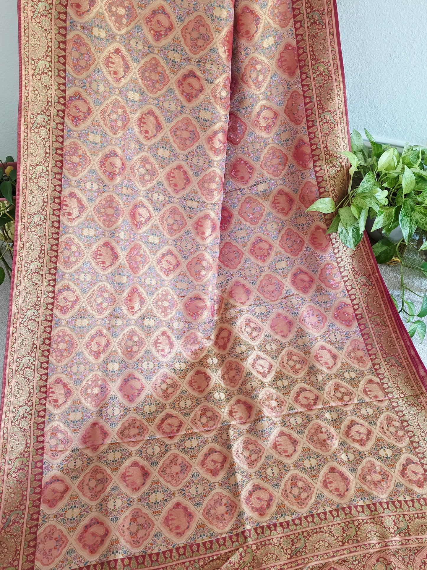 Premium Benarasi Silk Saree with Stitched Blouse | Peach Rose Gold