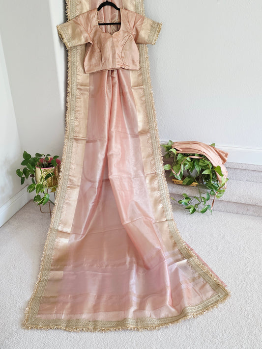 Maharani Style Blush Peach Semi Tissue Saree with Stitched Blouse & Satin Petticoat