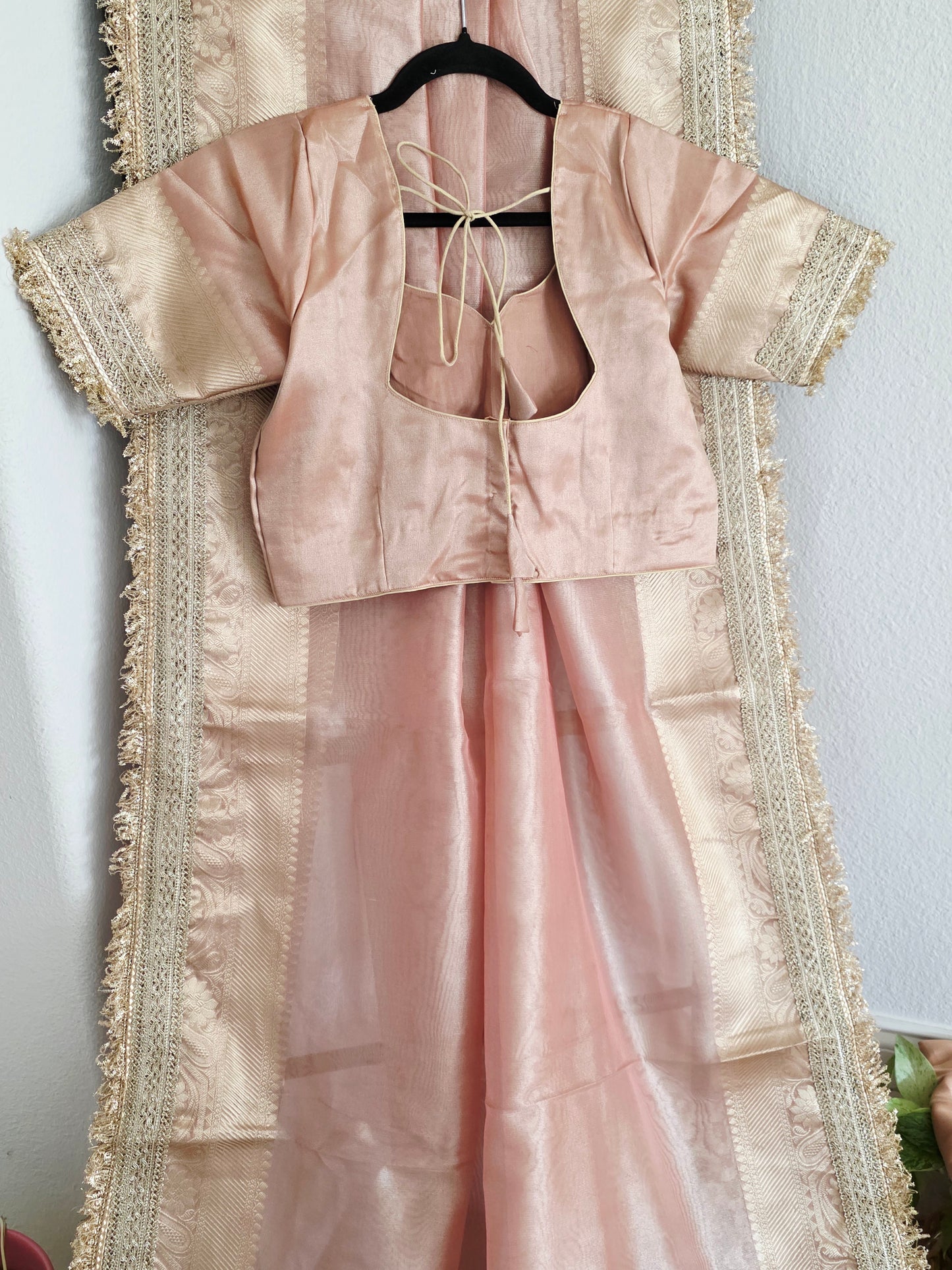 Maharani Style Blush Peach Semi Tissue Saree with Stitched Blouse & Satin Petticoat
