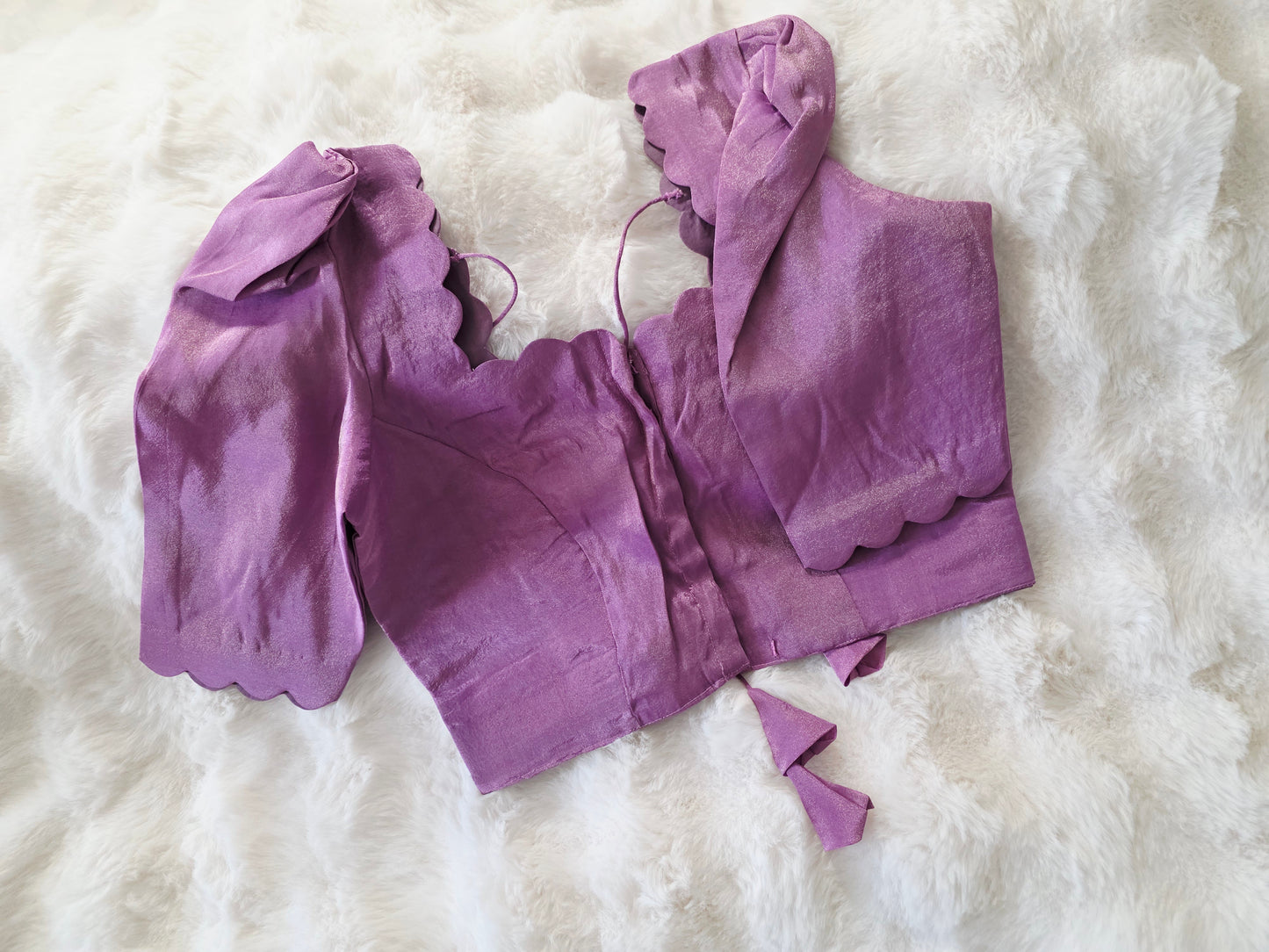 Soft Tissue Purple Scalloped Neck Blouse with Elbow Sleeves