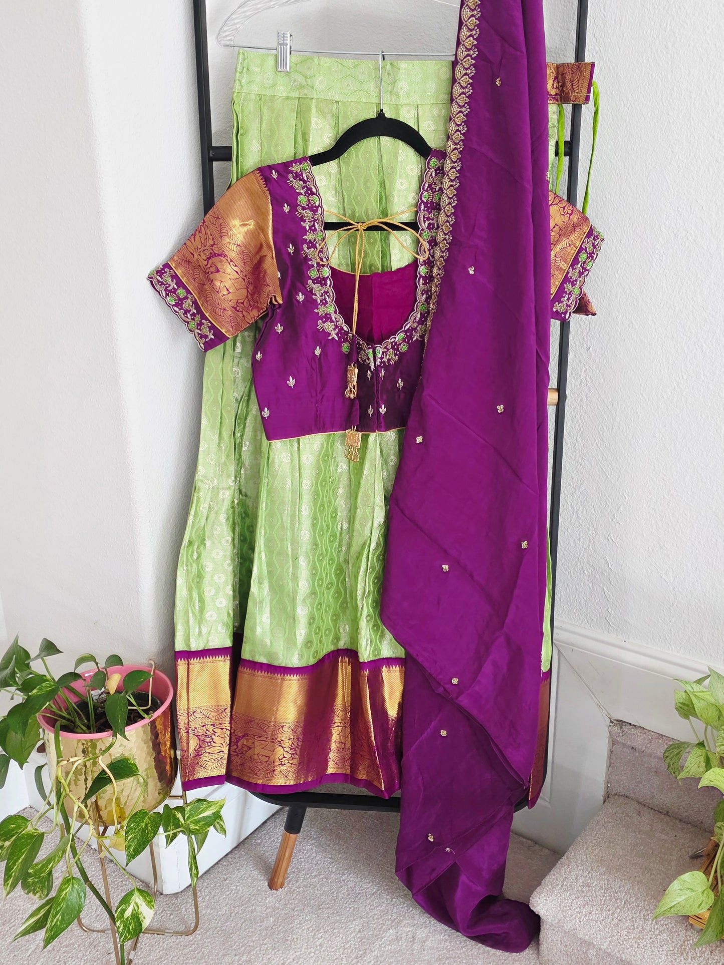 Pure Kanchi Tissue Silk Langa Voni Set – Purple & Green