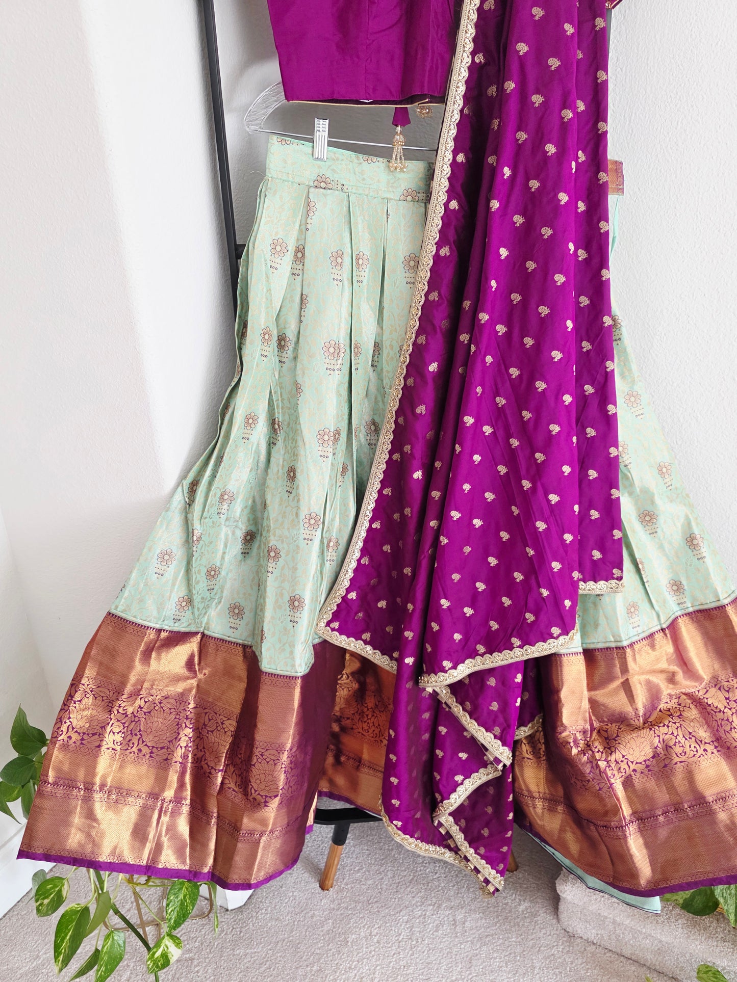 Semi Kanchi Silk Lehenga Set in Mint Green & Magenta with Zari Work