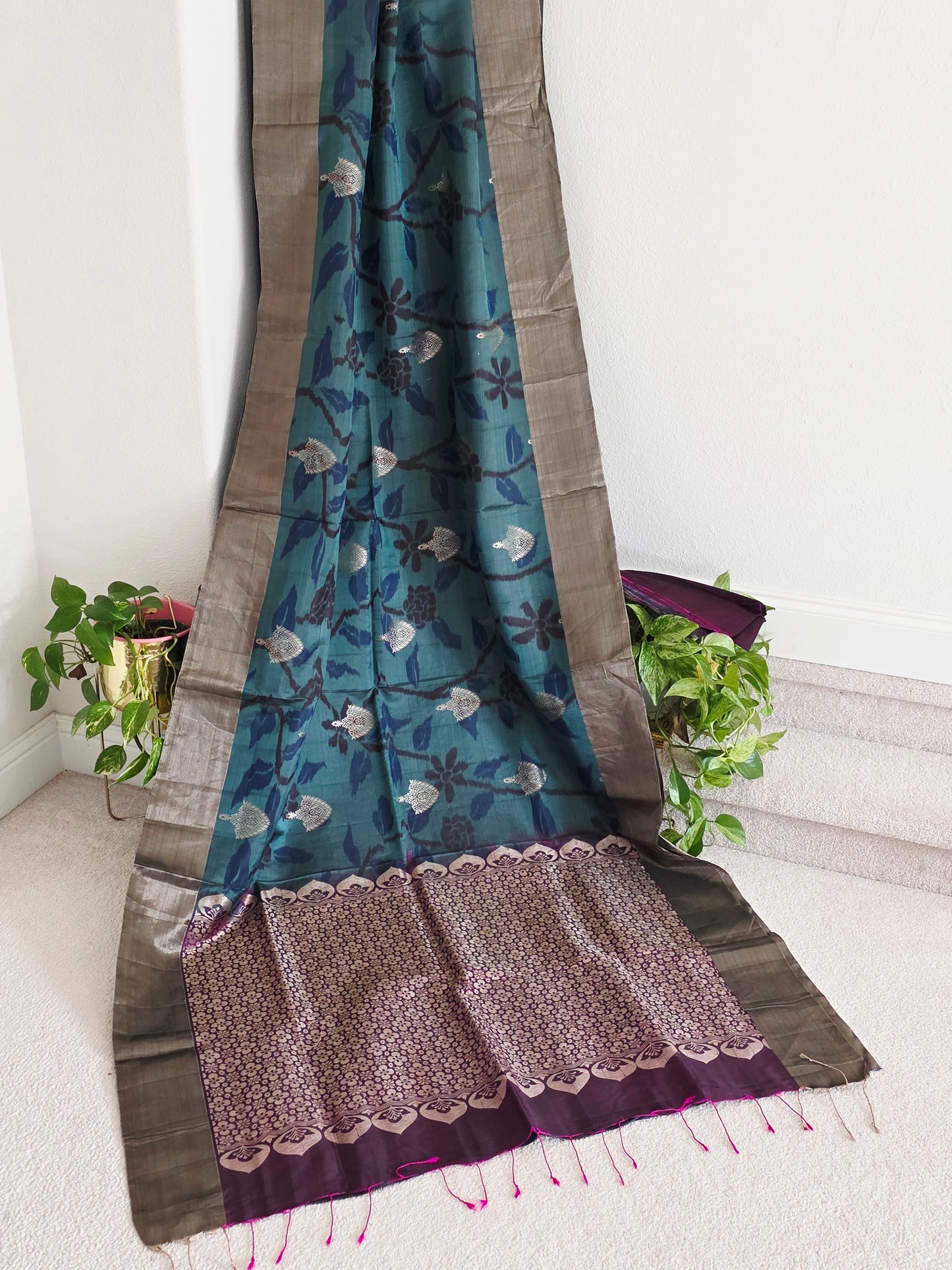 Peacock Teal Blue Semi Kanchi Ikat Pochampally Print Soft Silk Saree with Blouse Piece