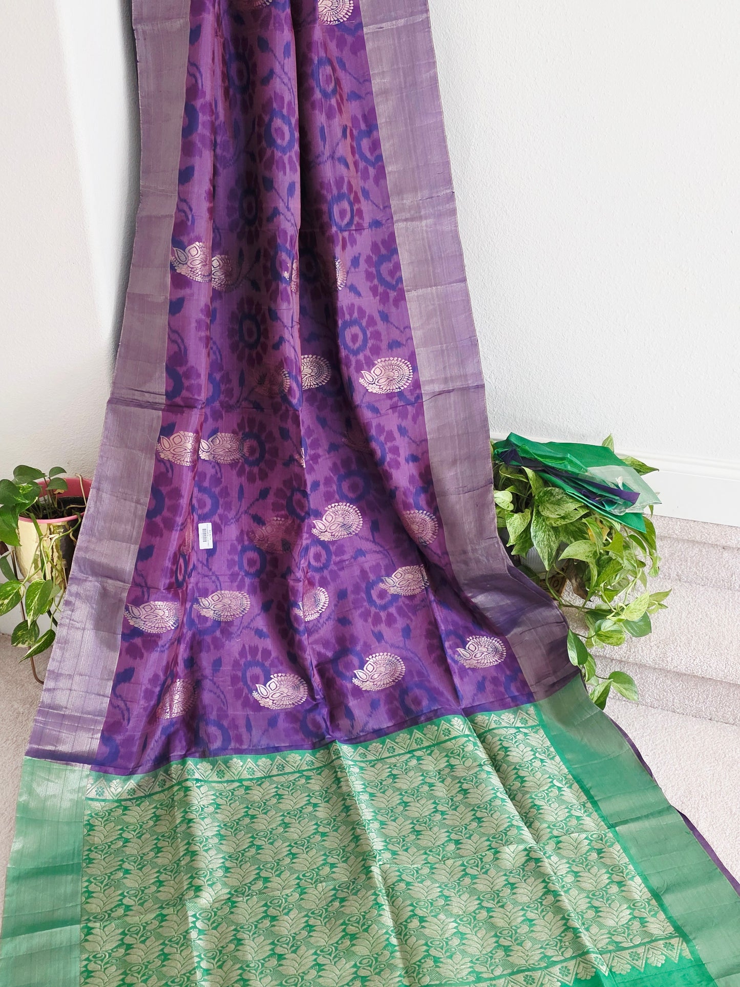 Royal Purple Semi Kanchi Ikat Pochampally Print Soft Silk Saree with Emerald Green Border