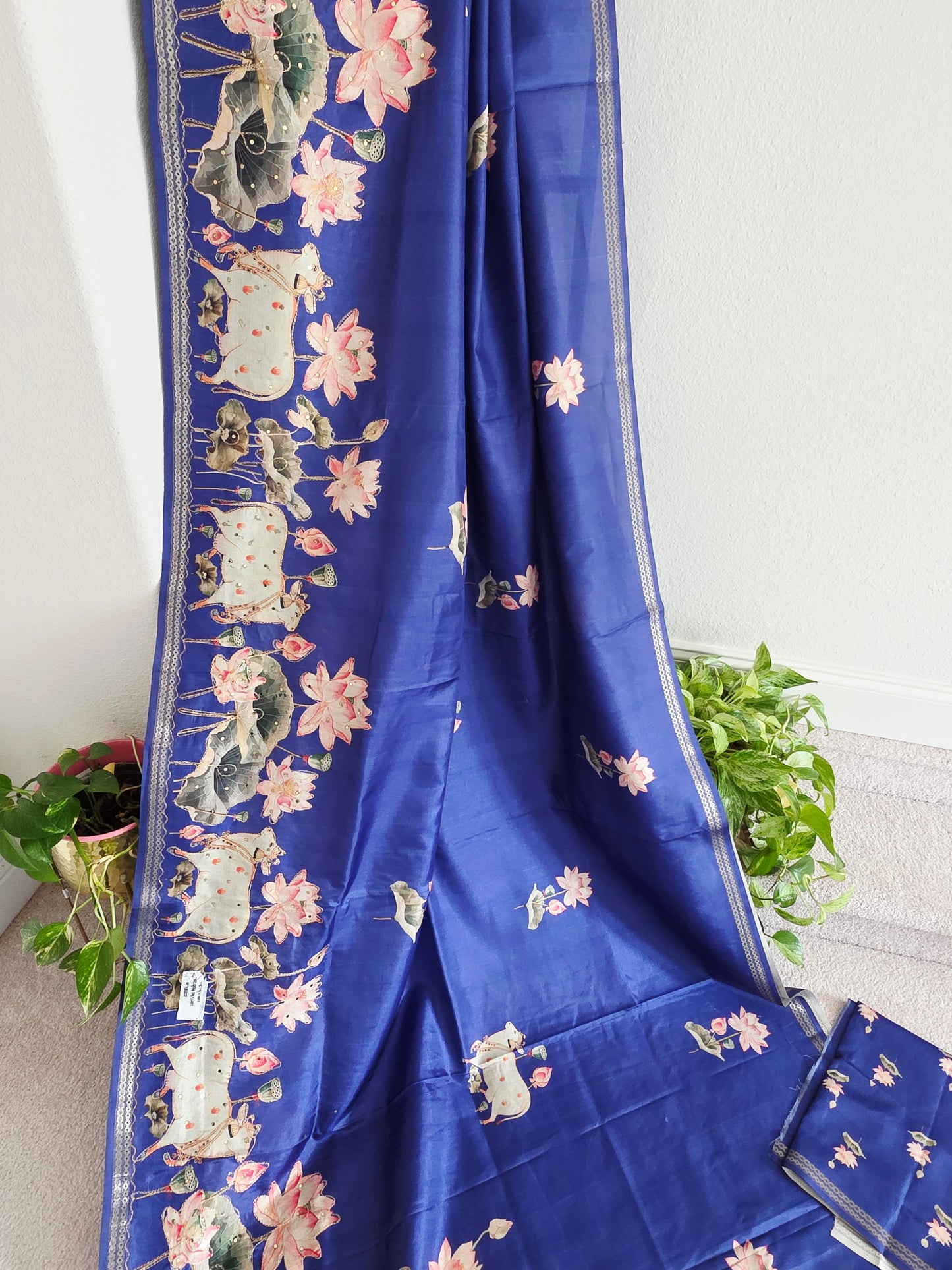 Semi Tussar Silk Saree with Pichwai Motif Print & Outline Embroidery