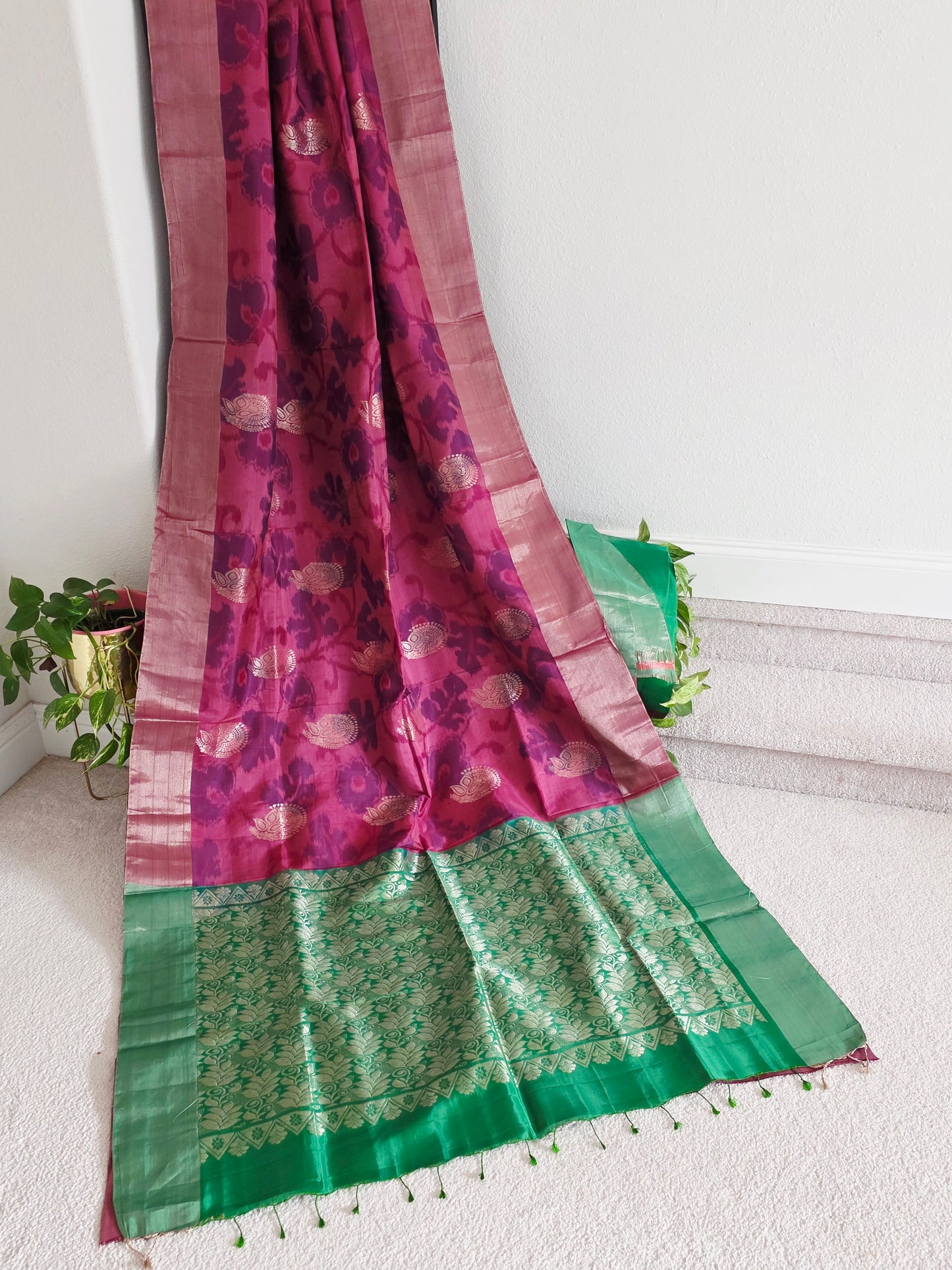 Raspberry Pink Semi Kanchi Ikat Pochampally Print Soft Silk Saree with Emerald Green Border
