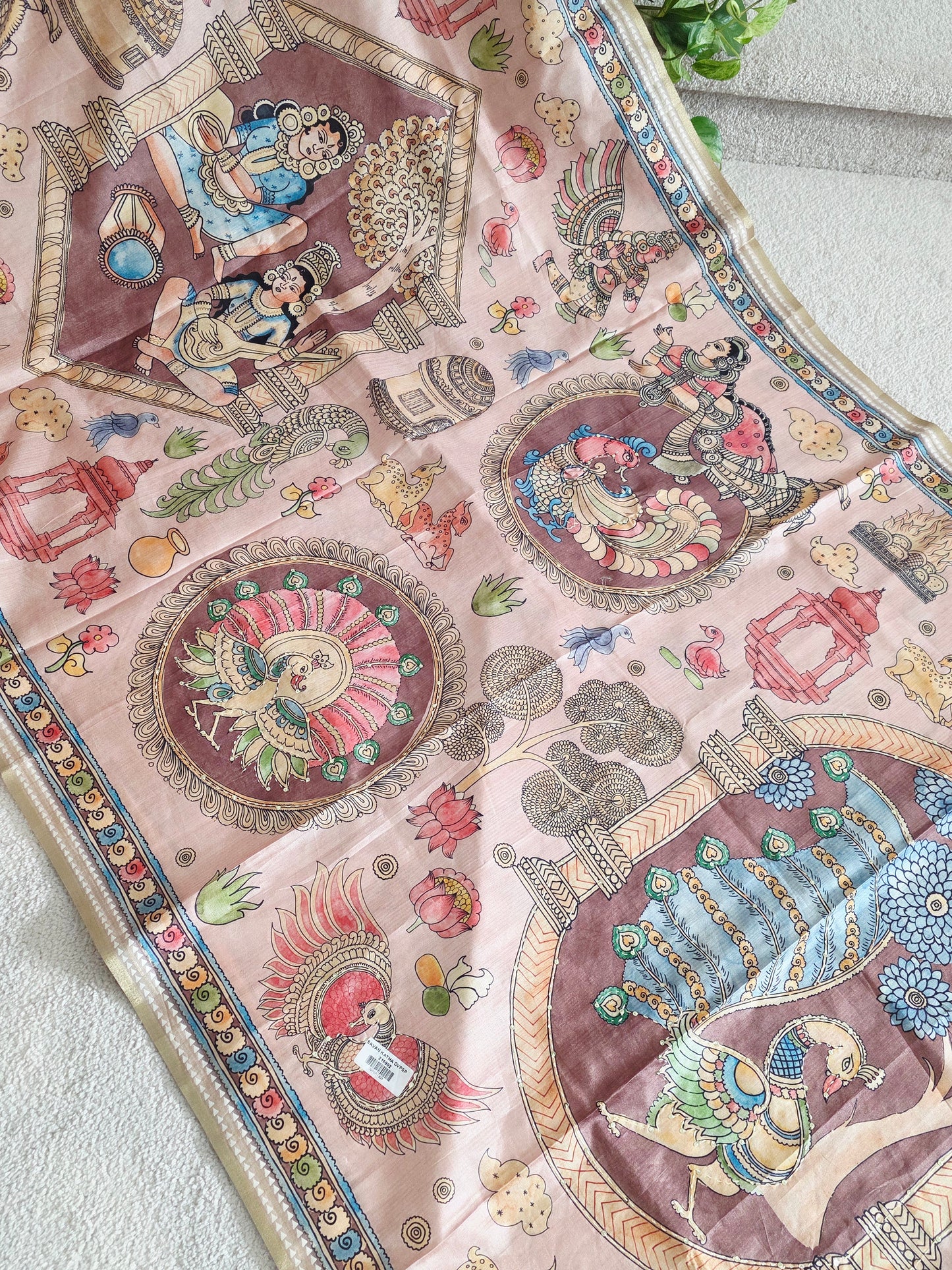 Kalamkari Print Outline Embroidery Lightweight Semi Tussar Silk Saree