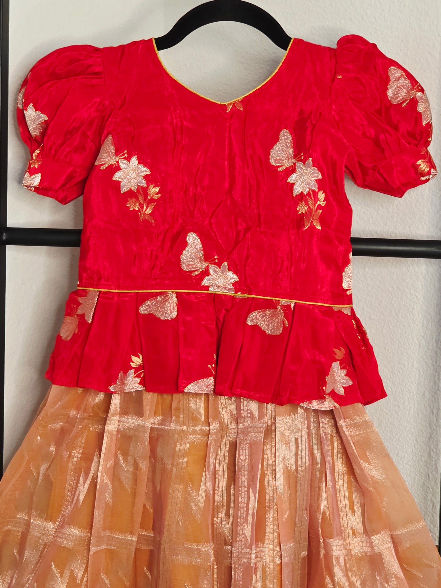 Soft Organza Peach & Red Lehenga Set for Girls/Pattu Pavadai with Blouse (4–5 Years)
