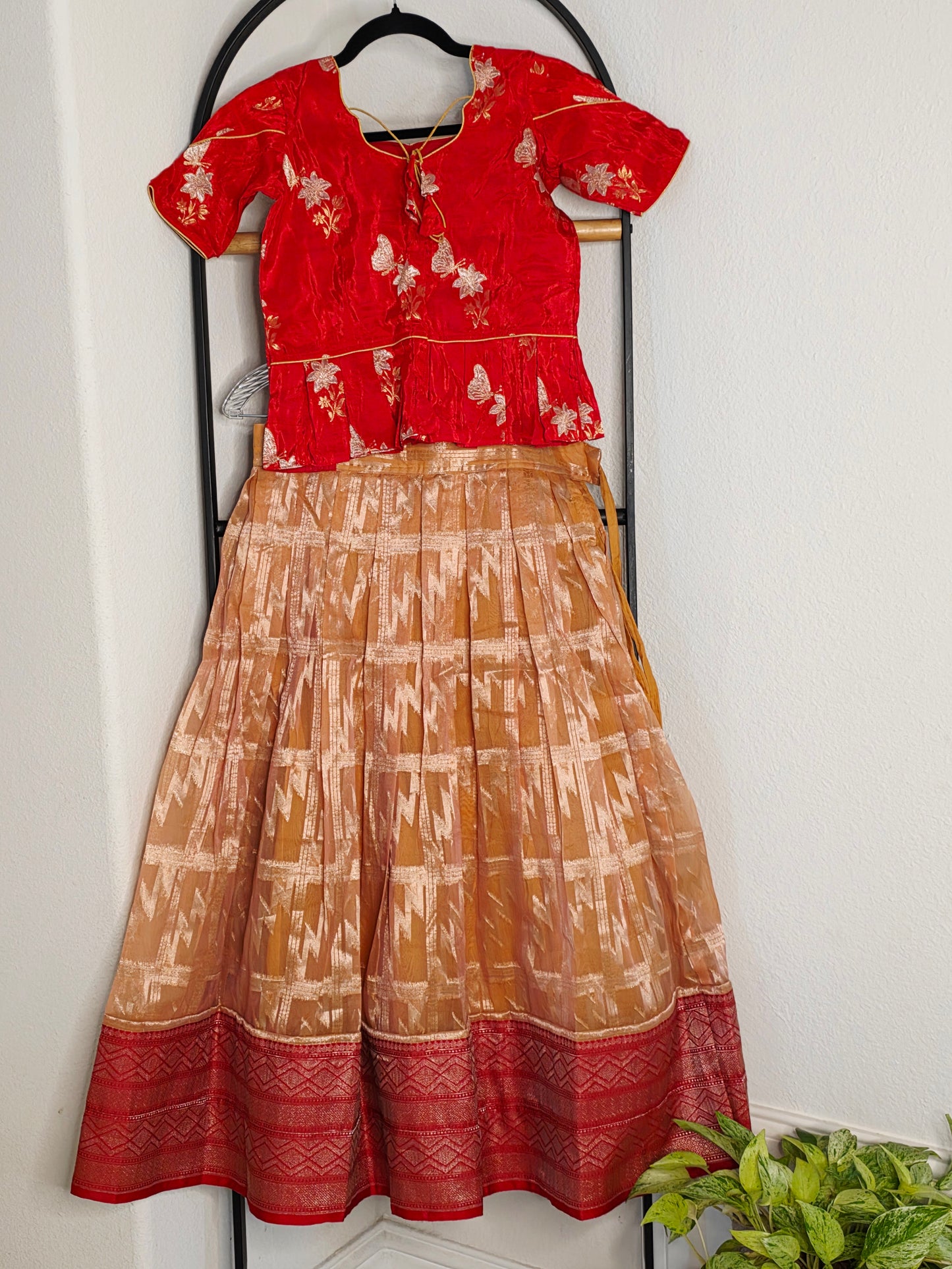 Soft Organza Peach & Red Lehenga Set for Girls/Pattu Pavadai with Blouse (9–10 Years)