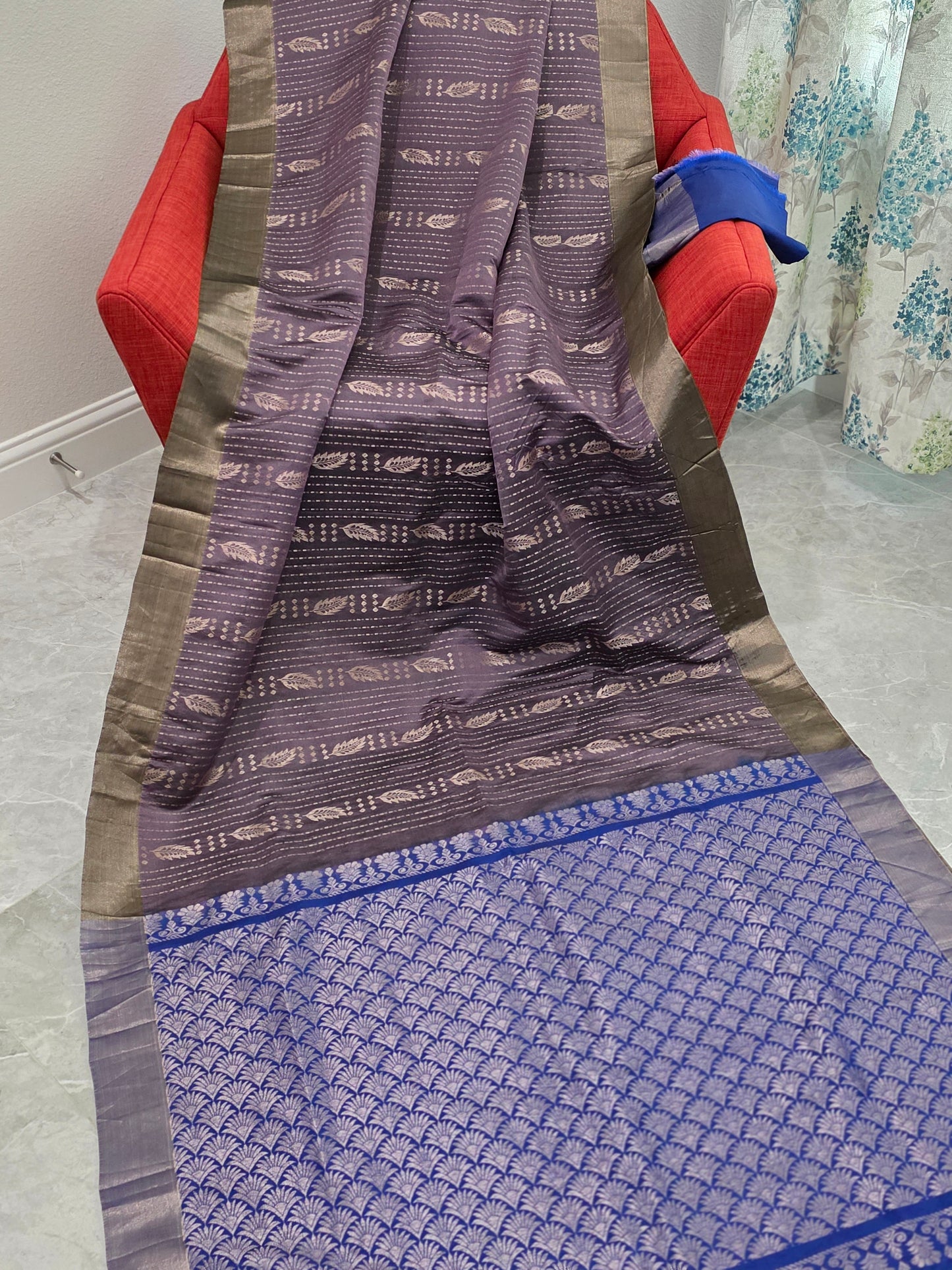 Lavender & Royal Blue Semi Kanchi Soft Silk Saree with Zari Pallu