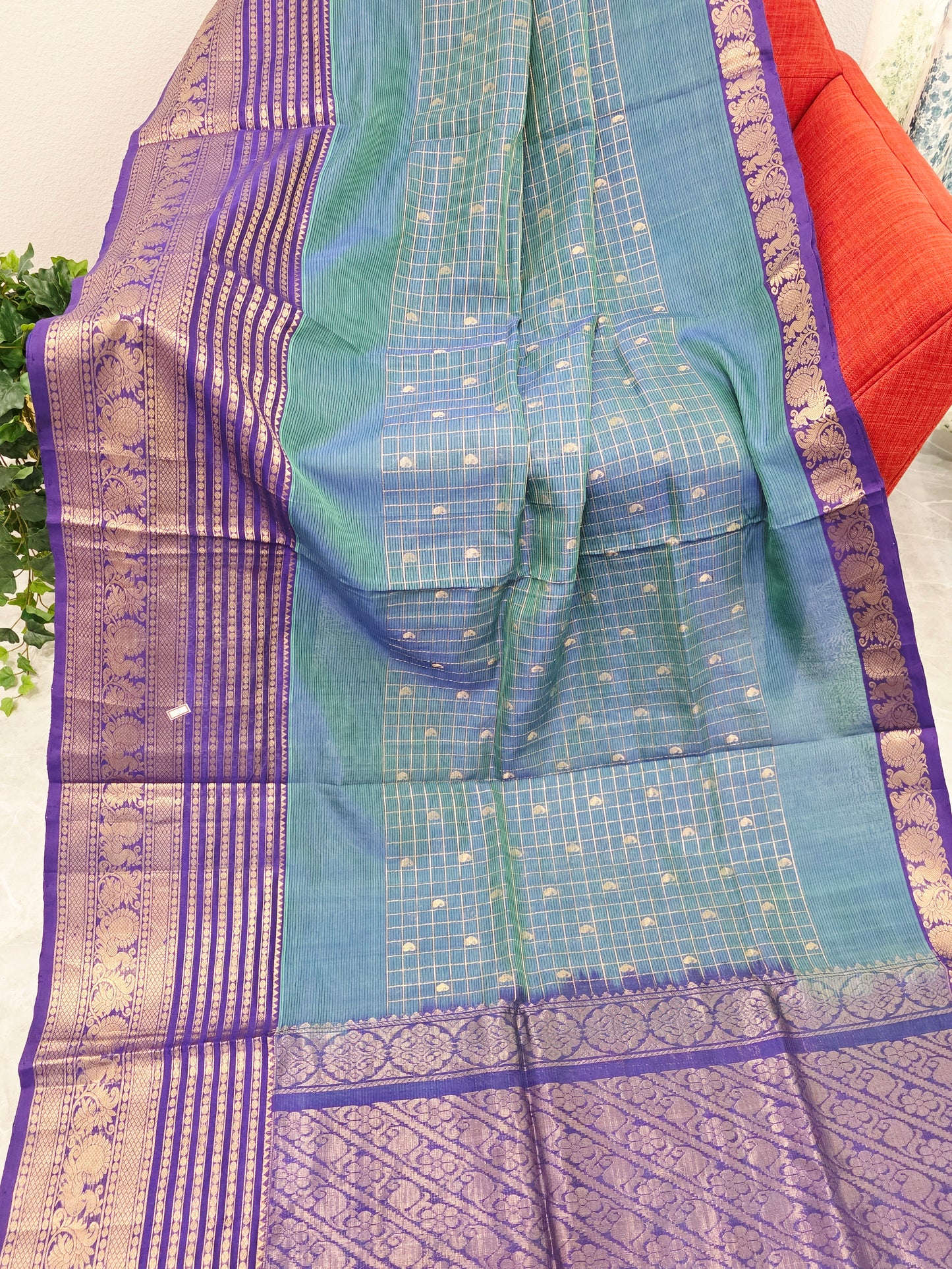 Mangalagiri Pattu Checks Teal Blue Saree with Purple Zari Border & Stitched Blouse