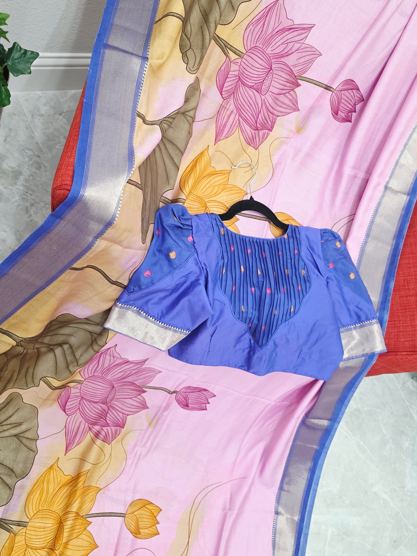 Lotus Print Ruby Silk Saree with Contrast Border & Stitched Blouse