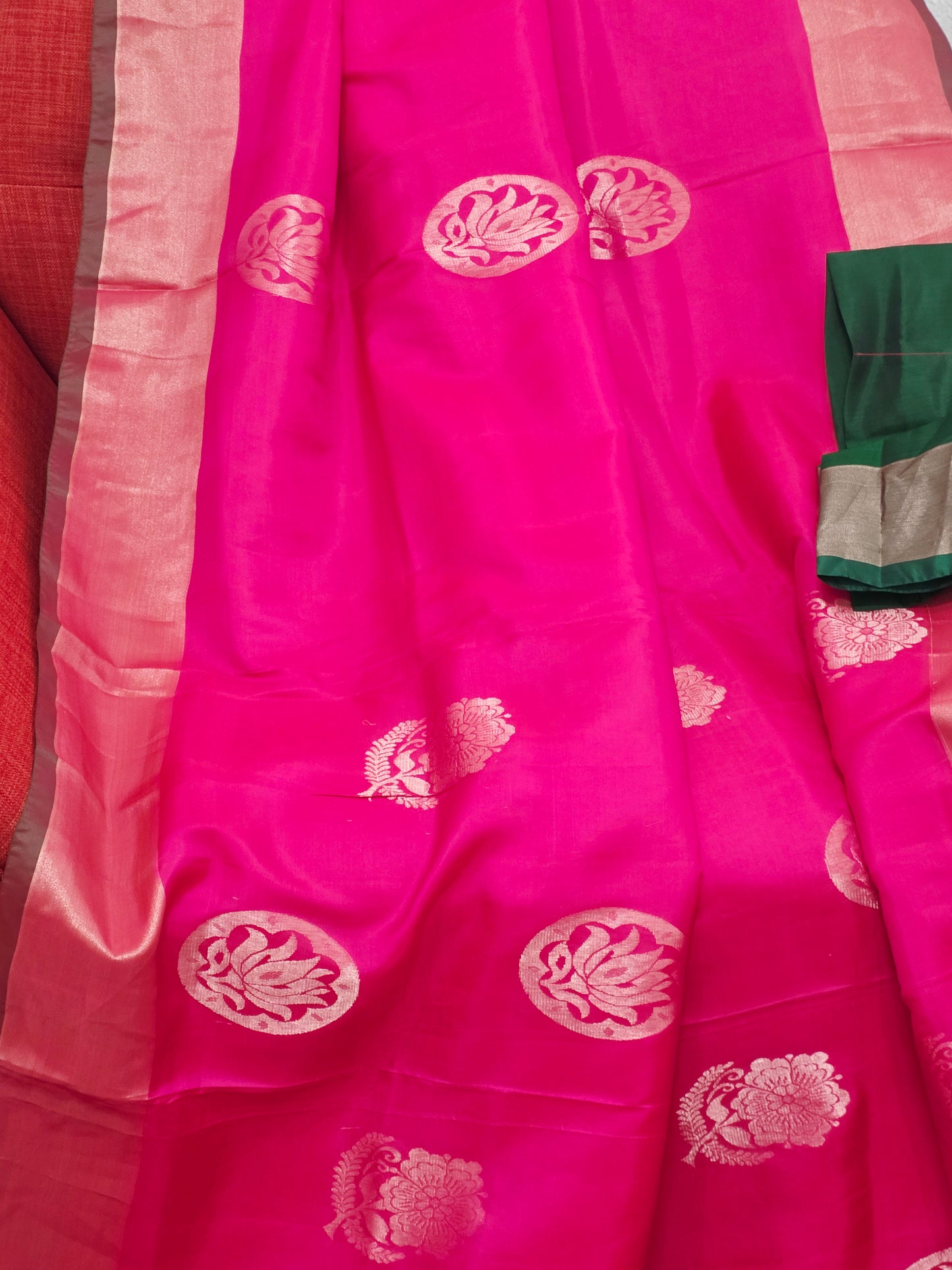 Pink Semi Kanchi Soft Silk Saree with Green Zari Pallu