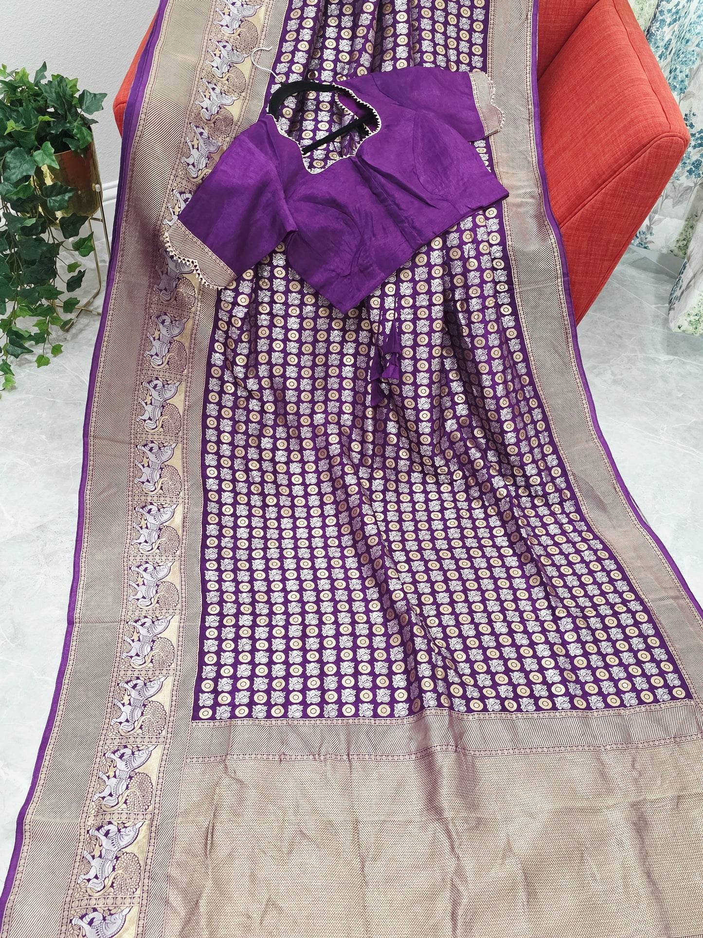 All-Over Peacock Butta Munga Crepe Silk Saree with Horse Woven Border | Purple | Stitched Blouse