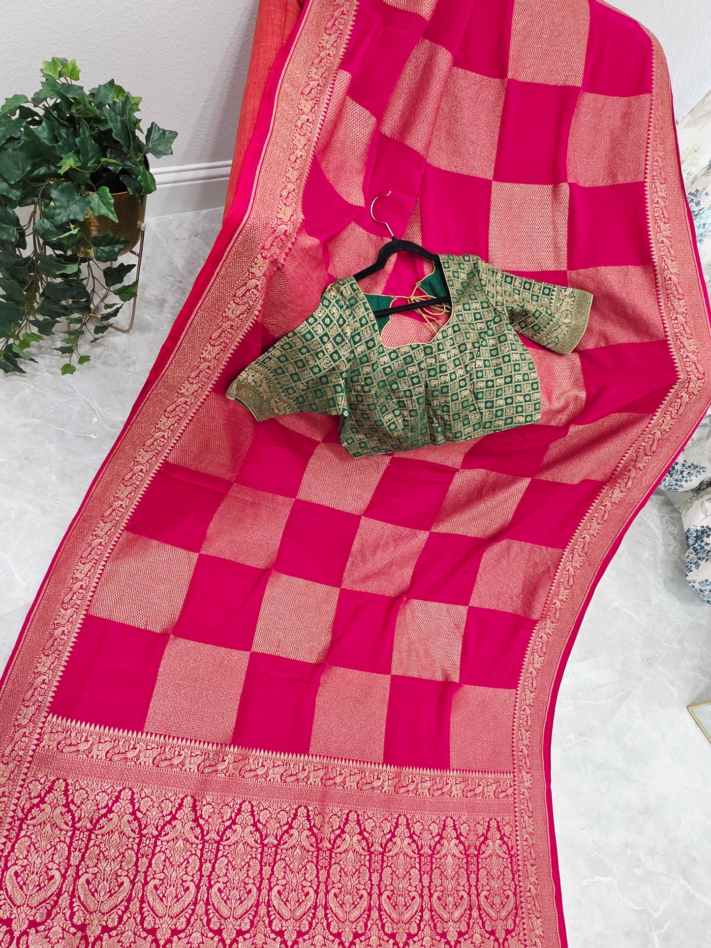 Deep Pink Pure Khadi Georgette Checks Saree with Antique Zari Border & Blouse