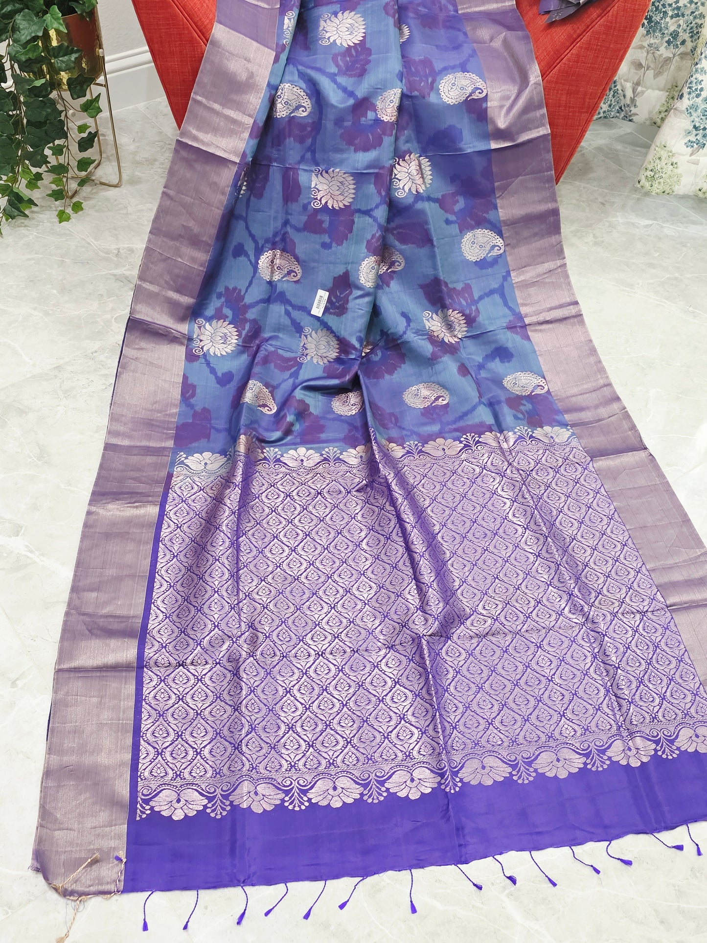 Blue & Purple Semi Kanchi Ikat Pochampally Soft Silk Saree with Zari Pallu