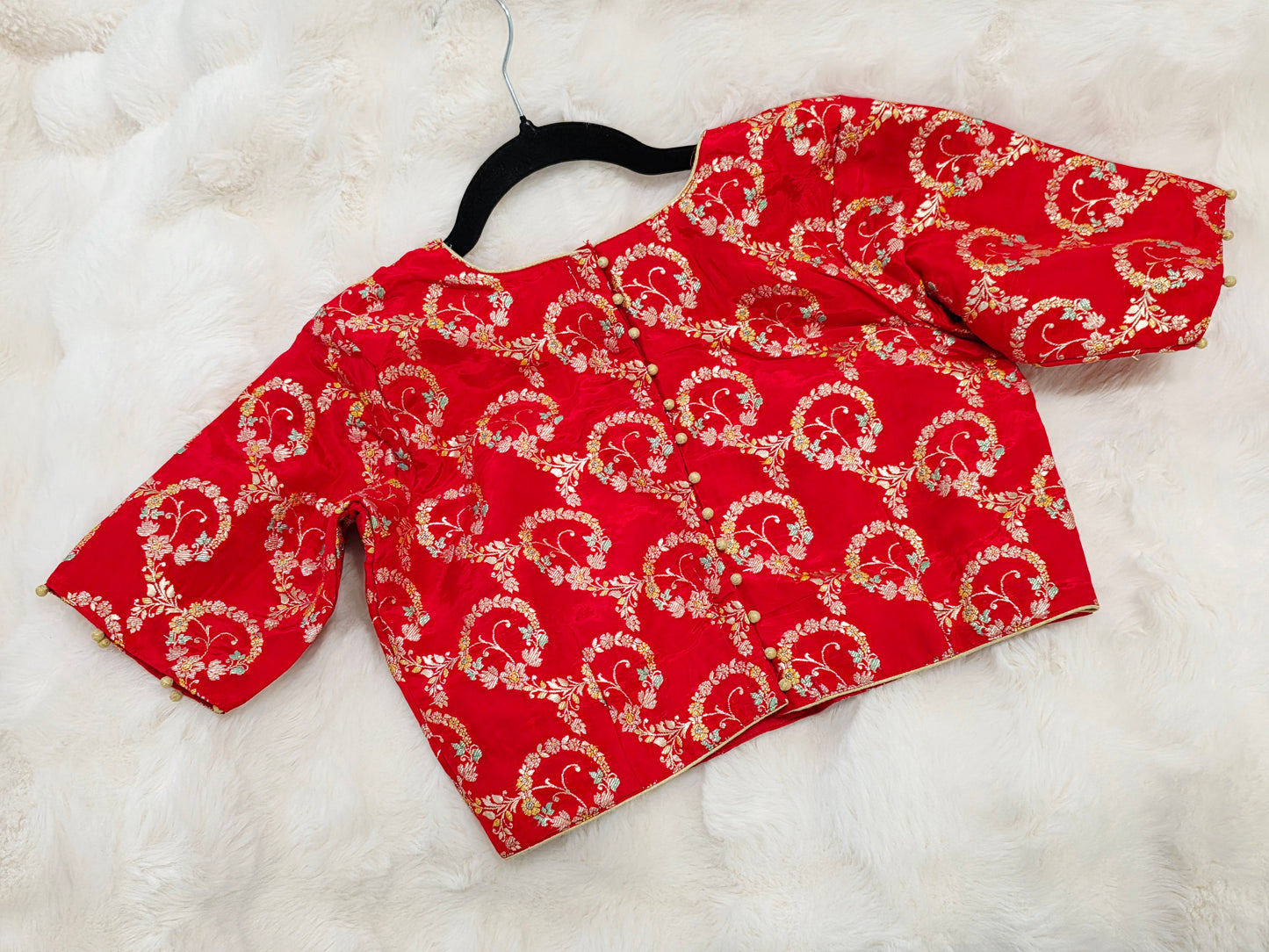 Red Benarasi Floral Weaving Design Stitched Blouse