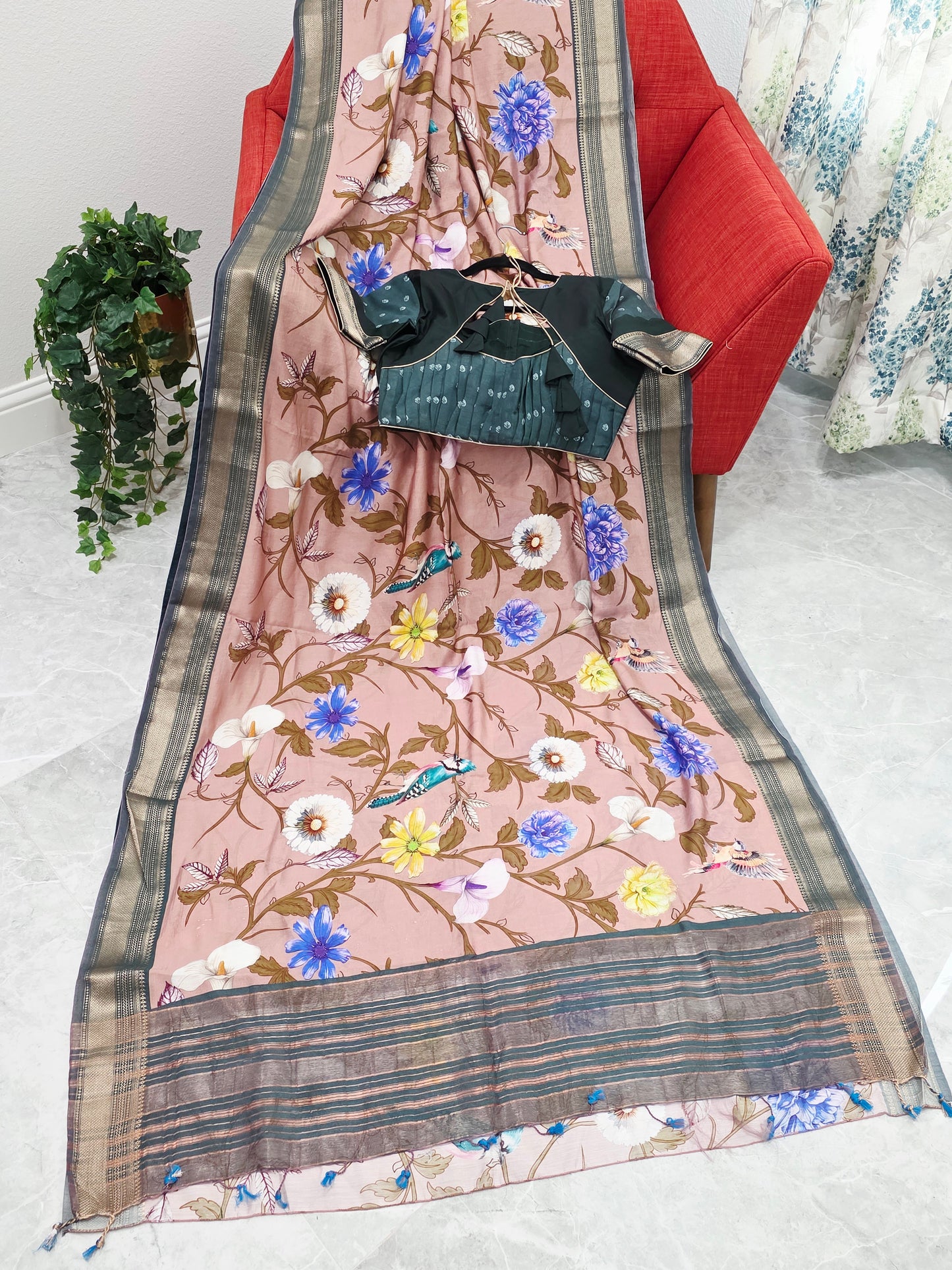 Floral Print Ruby Silk Saree with Contrast Border & Stitched Blouse