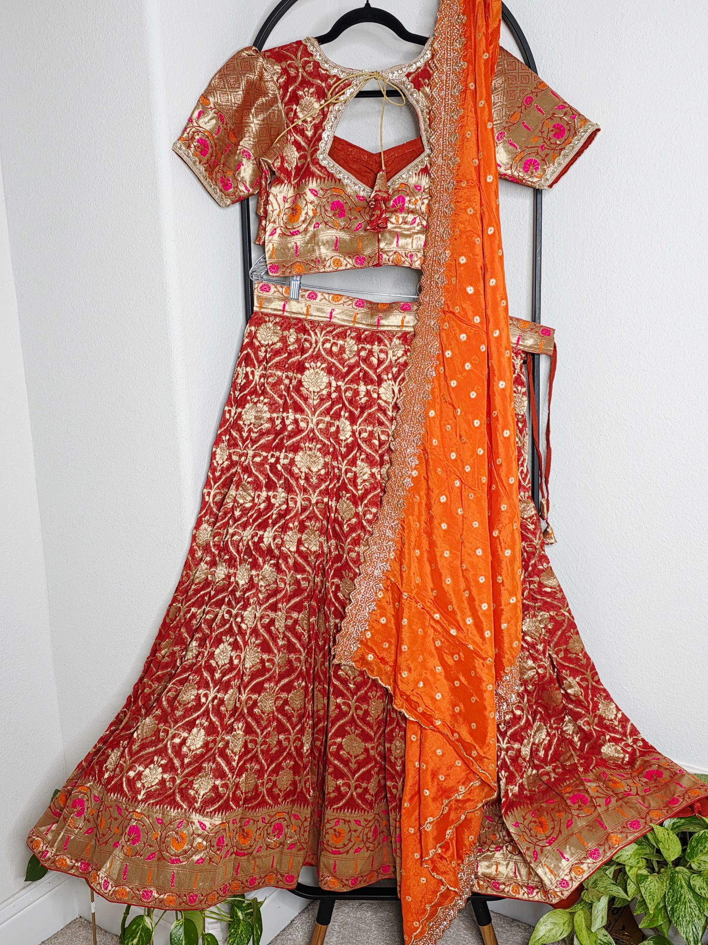 Georgette Half Saree Set in Maroon & Orange with Zari Work