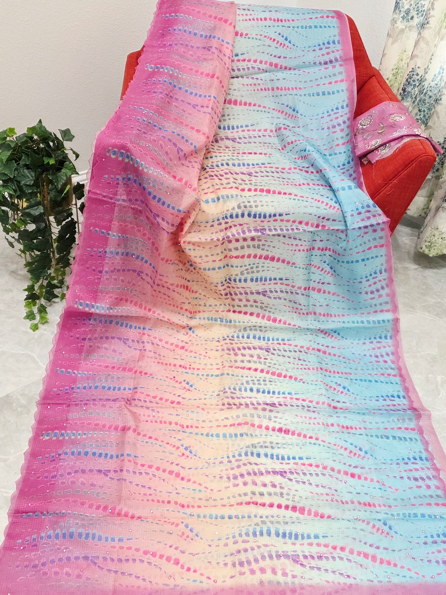 Soft Pastel Shades Tie-Dye Print Semi Kota Silk Saree with Scalloped Border