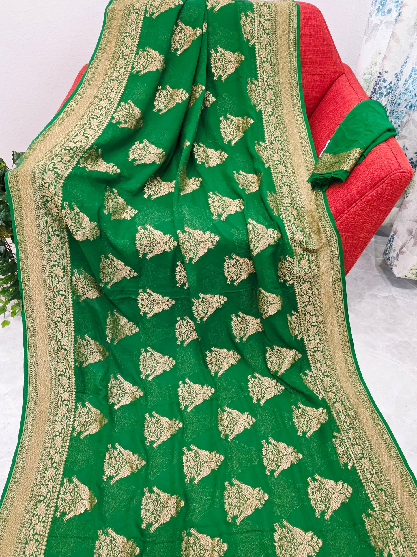 Rich Emerald Green Pure Khaddi Georgette Designer Saree with Peacock Zari Butta
