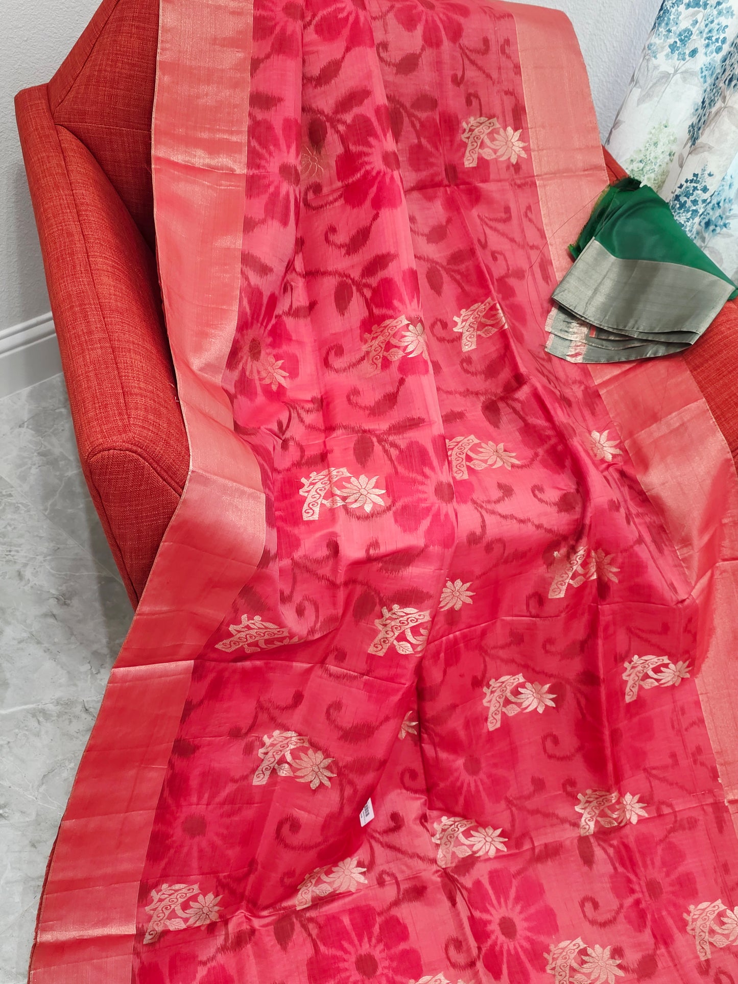 Peachy Pink Semi Kanchi Soft Silk Pochampally Print Saree with Blouse Piece