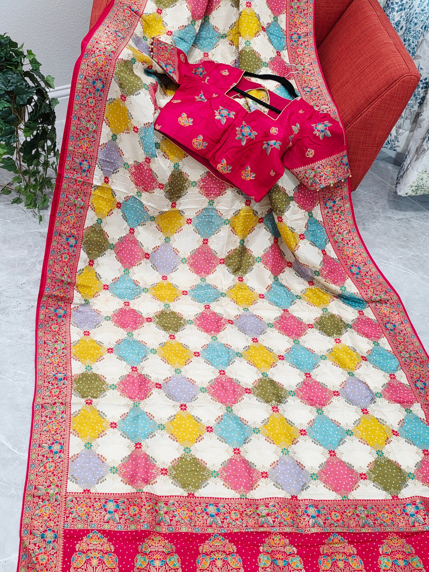 Multicolor Bandhani Print Diamond Pattern Saree with Rich Floral Border & Statement Pallu – Stitched Blouse
