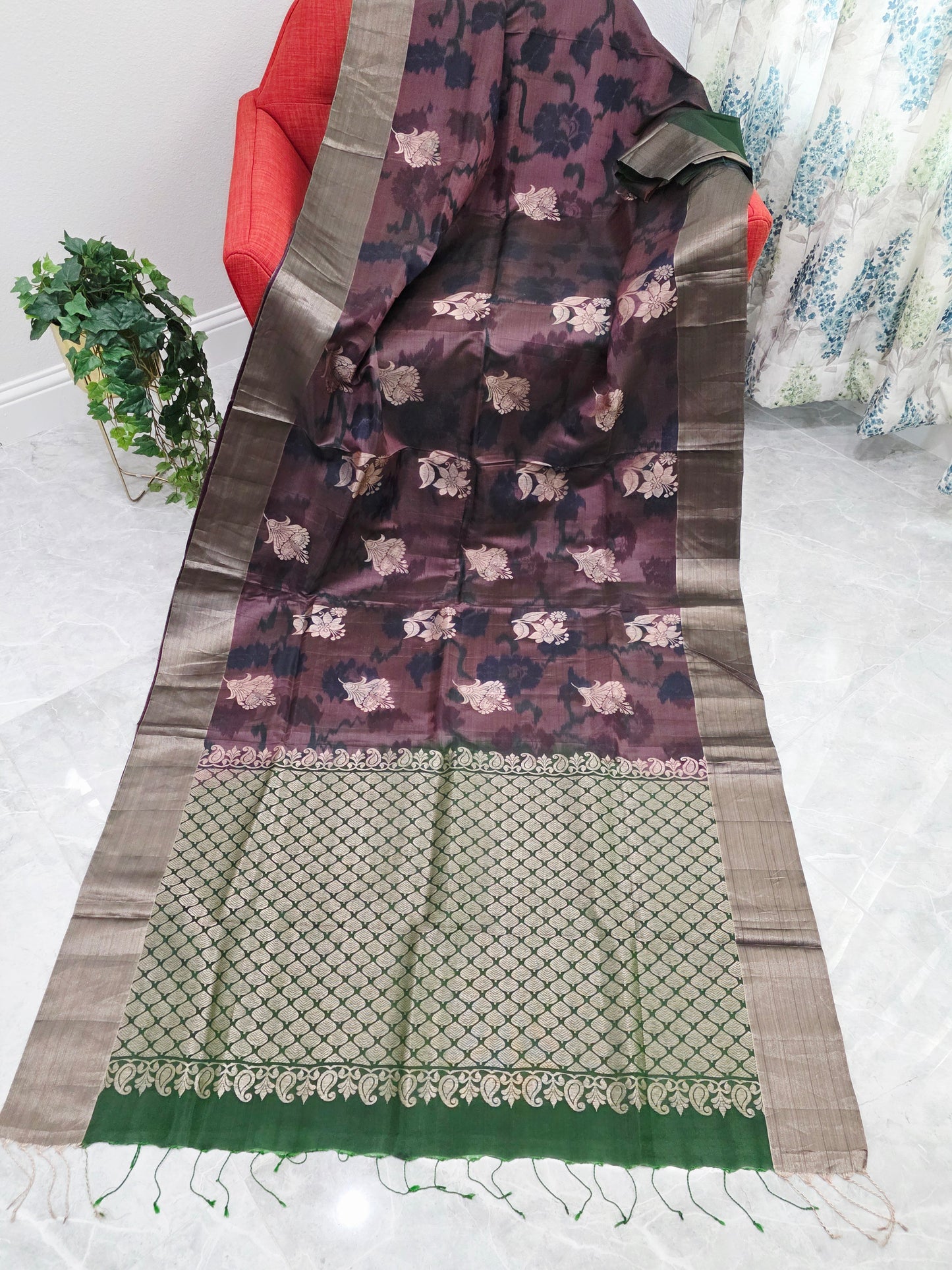 Plum Brown Semi Kanchi Soft Silk Pochampally Print Saree