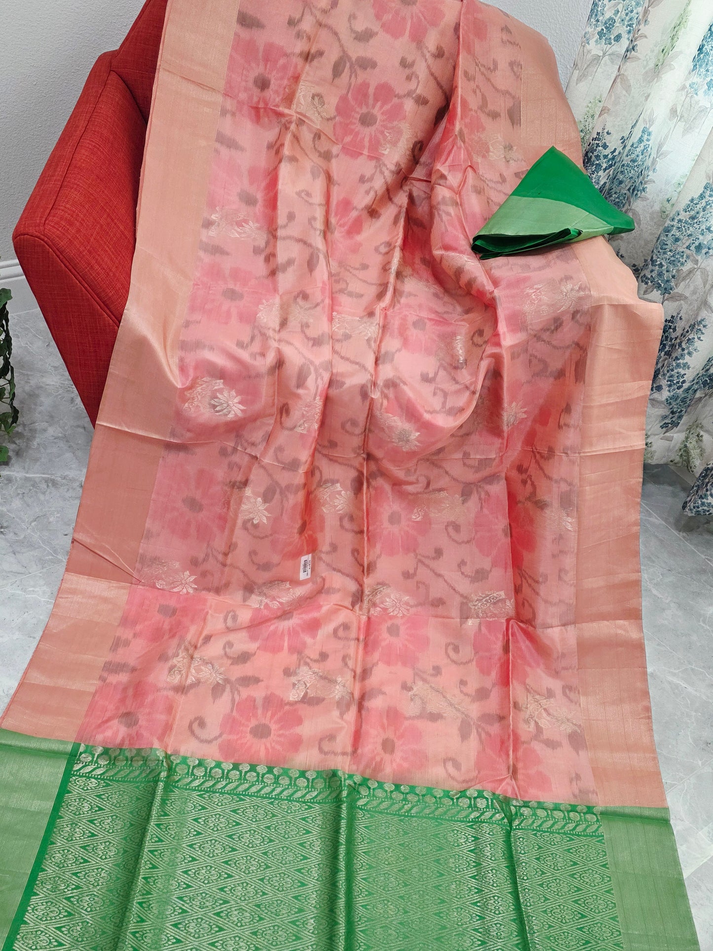 Peach Pink Semi Kanchi Soft Silk Pochampally Print Saree