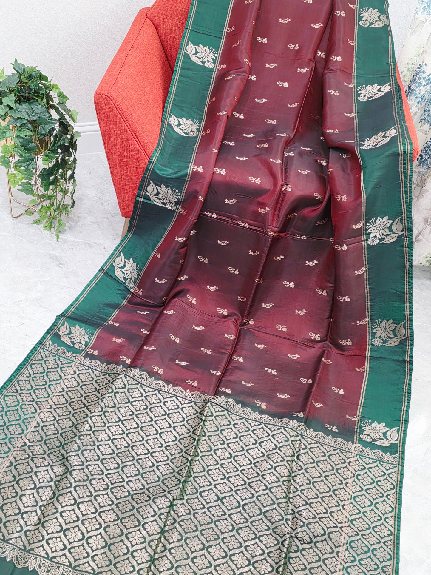 Maroon & Green Semi Kanchi Soft Silk Saree