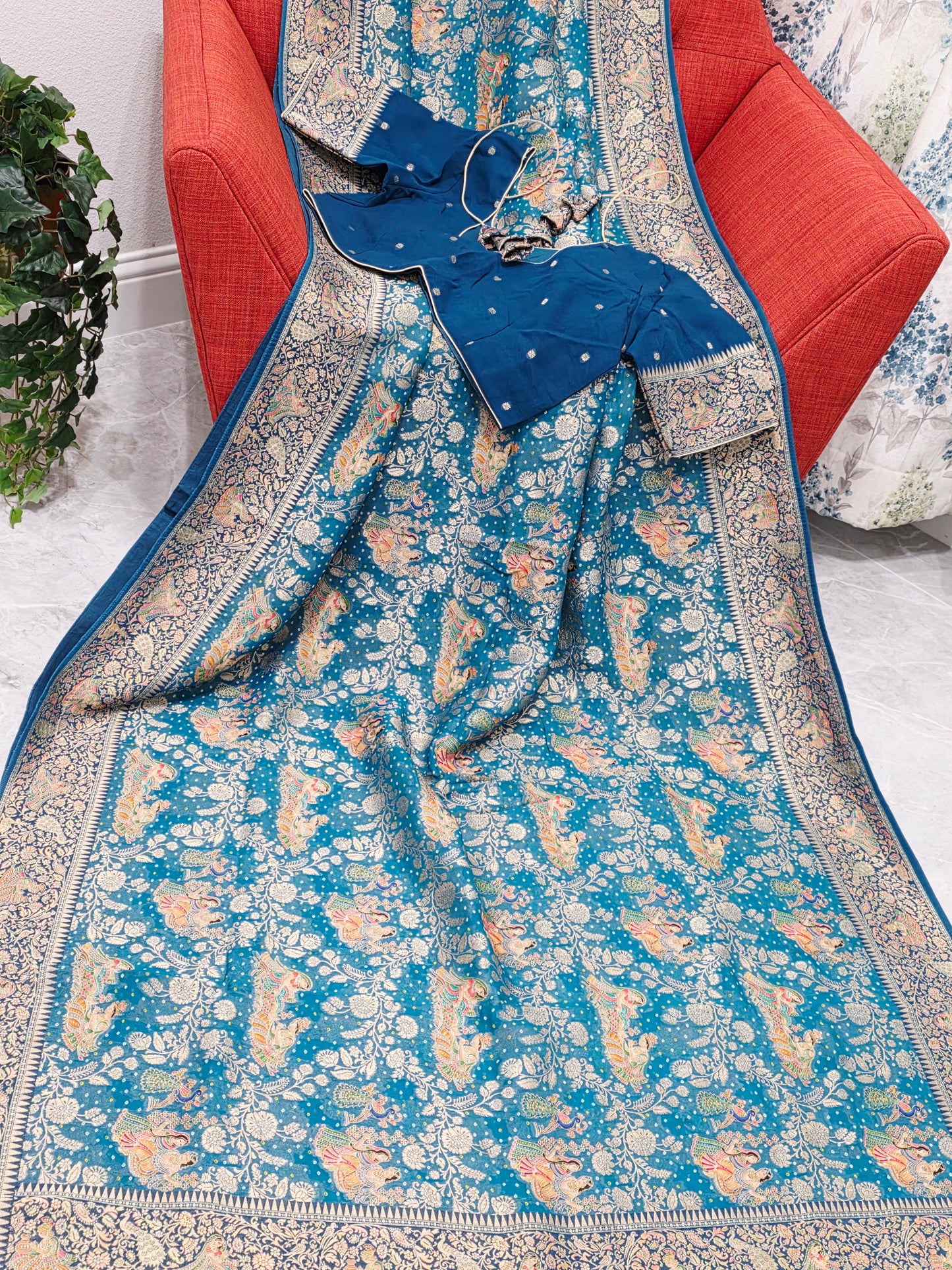 Teal Blue Jaal Pattern Mythological Radha Krishna Swing Design Saree with Stitched Blouse | Festive Wear