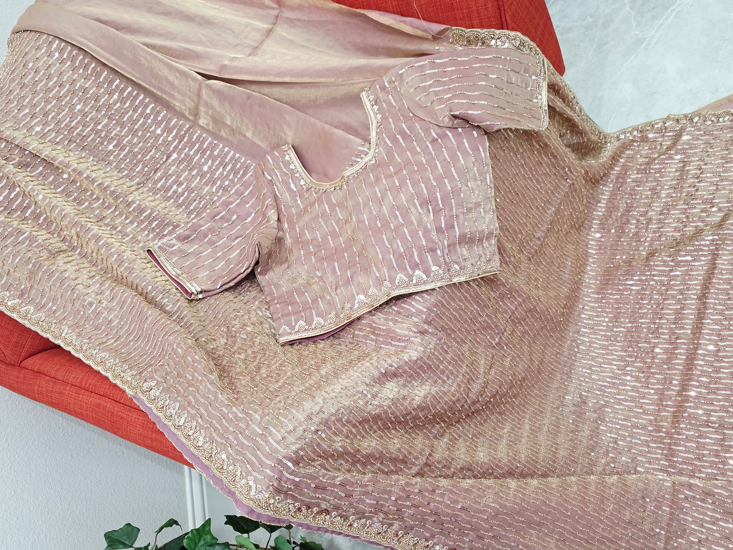 Soft Tissue Space Silk Rose Gold Sequin Saree with Stitched Blouse | Cocktail Party Wear