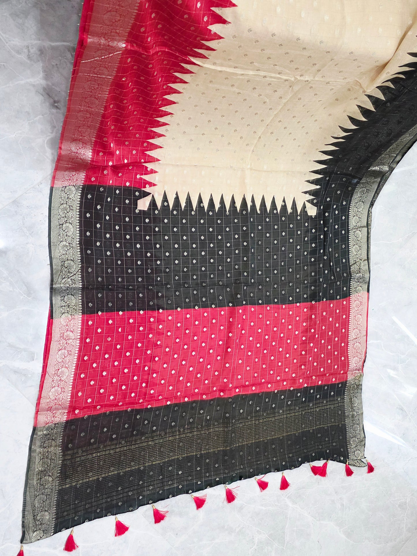 Imperial Noir Crimson & Ivory Gold Shaded Chinon Chiffon Checkered Saree