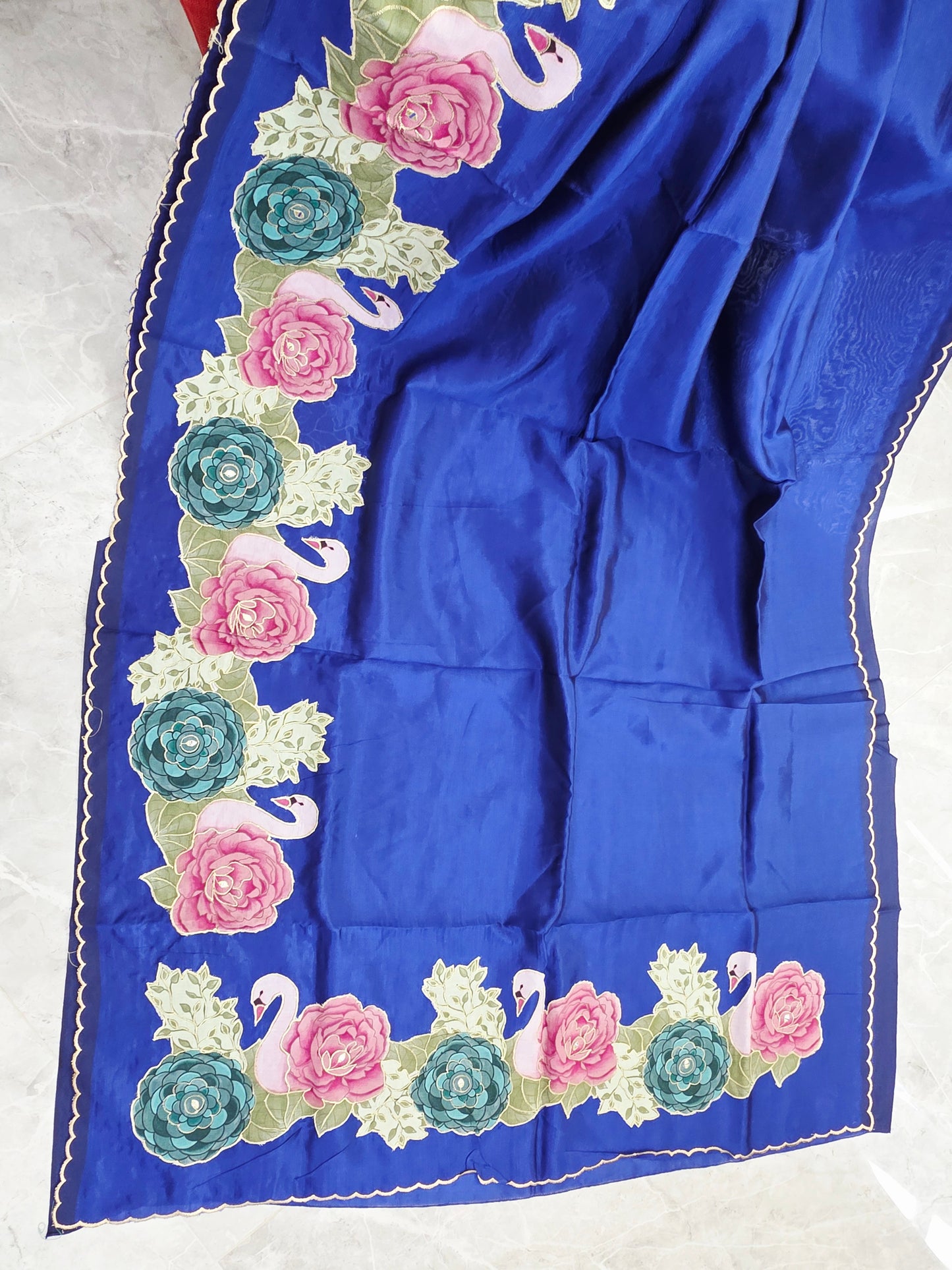 Imperial Royal Blue with Pastel Floral Swan Border Mangalagiri Handloom Silk Cotton Saree with Appliqué Work