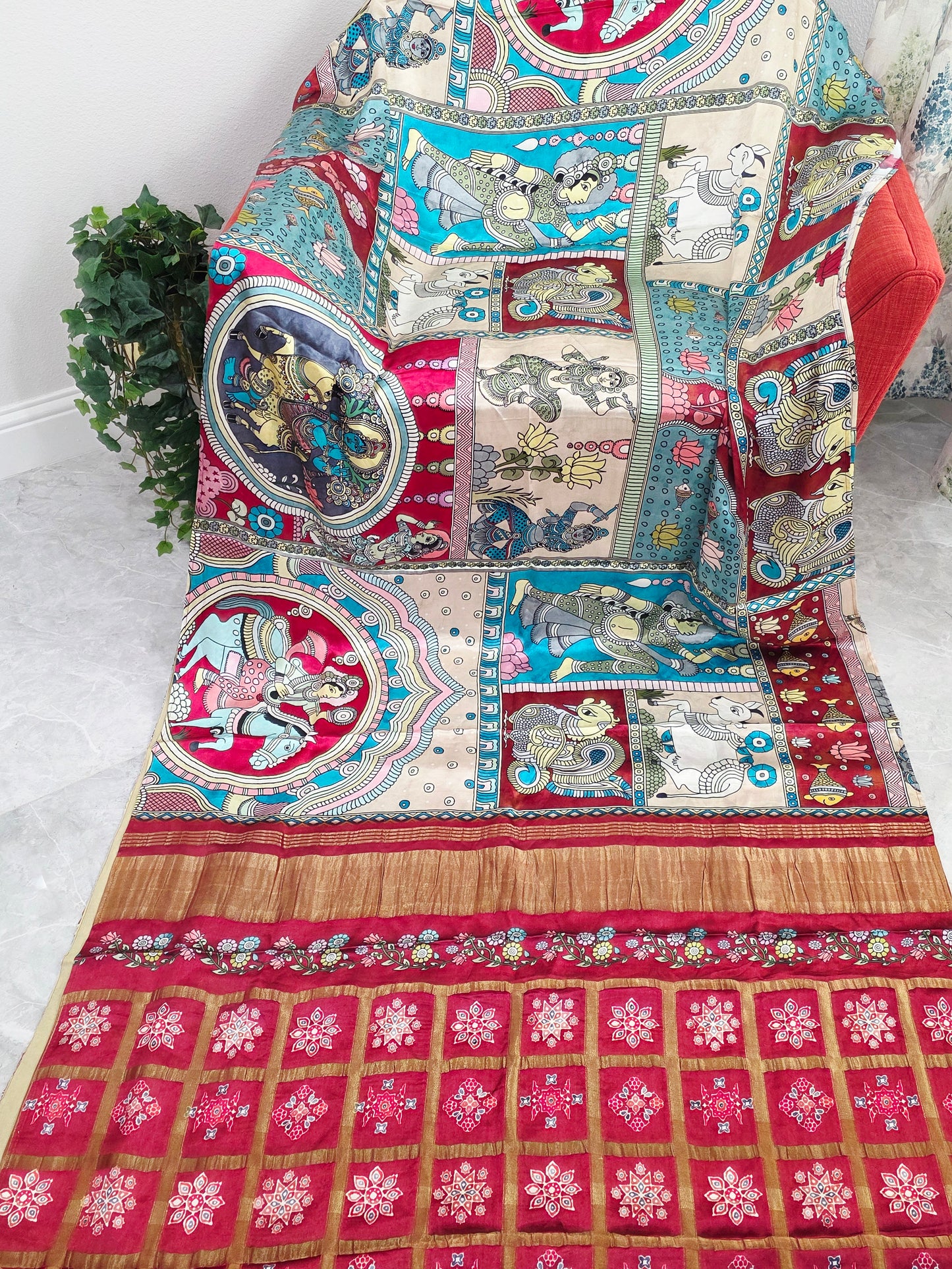 Gaji Satin Kalamkari Silk Saree with Stitched Blouse