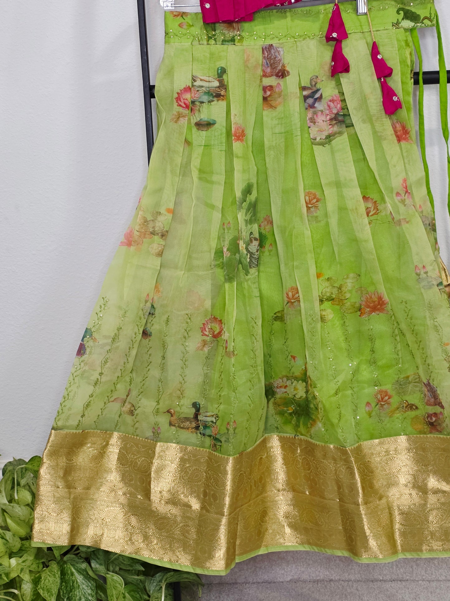 Green Organza Lehenga with Pink Chinnon Chiffon Blouse for Girls (Age 7–8)