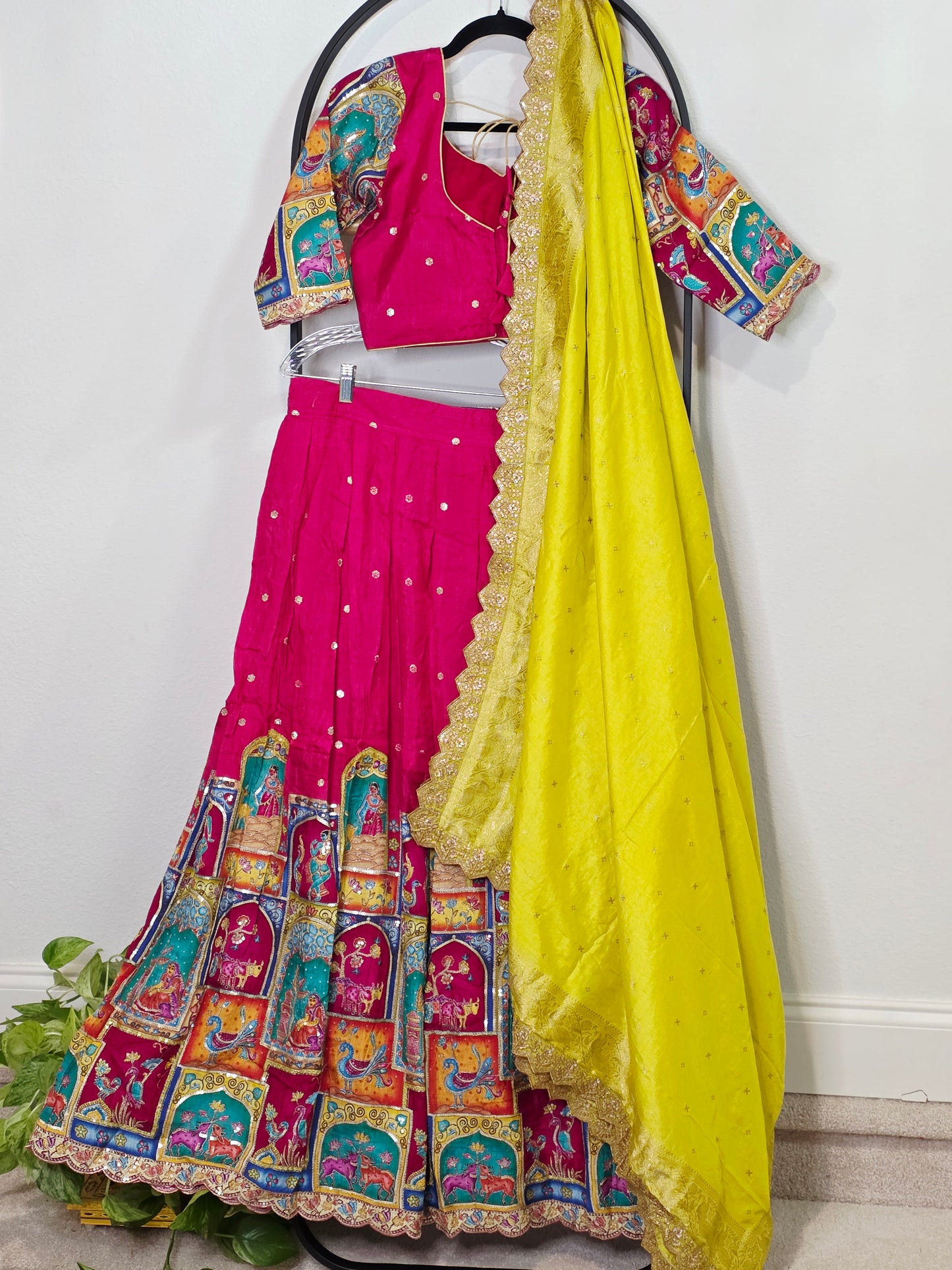 Royal Fuchsia Kalamkari Munga Crepe Silk Lehenga Set with Light Green Cutwork Dupatta