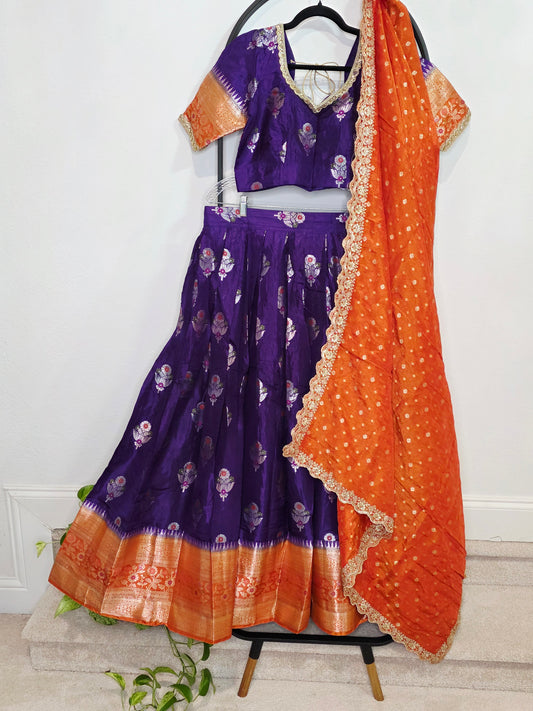 💜 Royal Amethyst Green Mango Banarasi Silk Lehenga Set with Tangerine Cutwork Dupatta