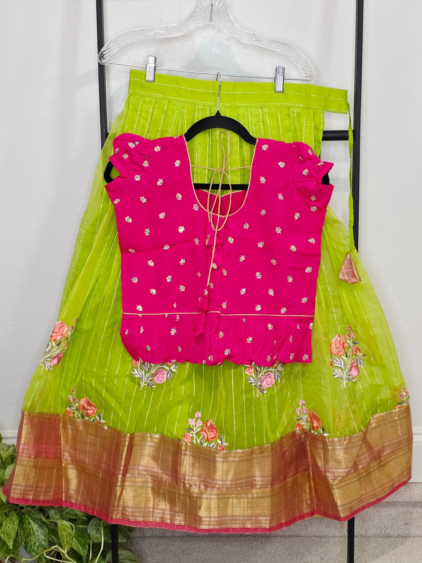 Green Organza Lehenga with Pink Chinnon Chiffon Blouse for Girls (Age 8–9)