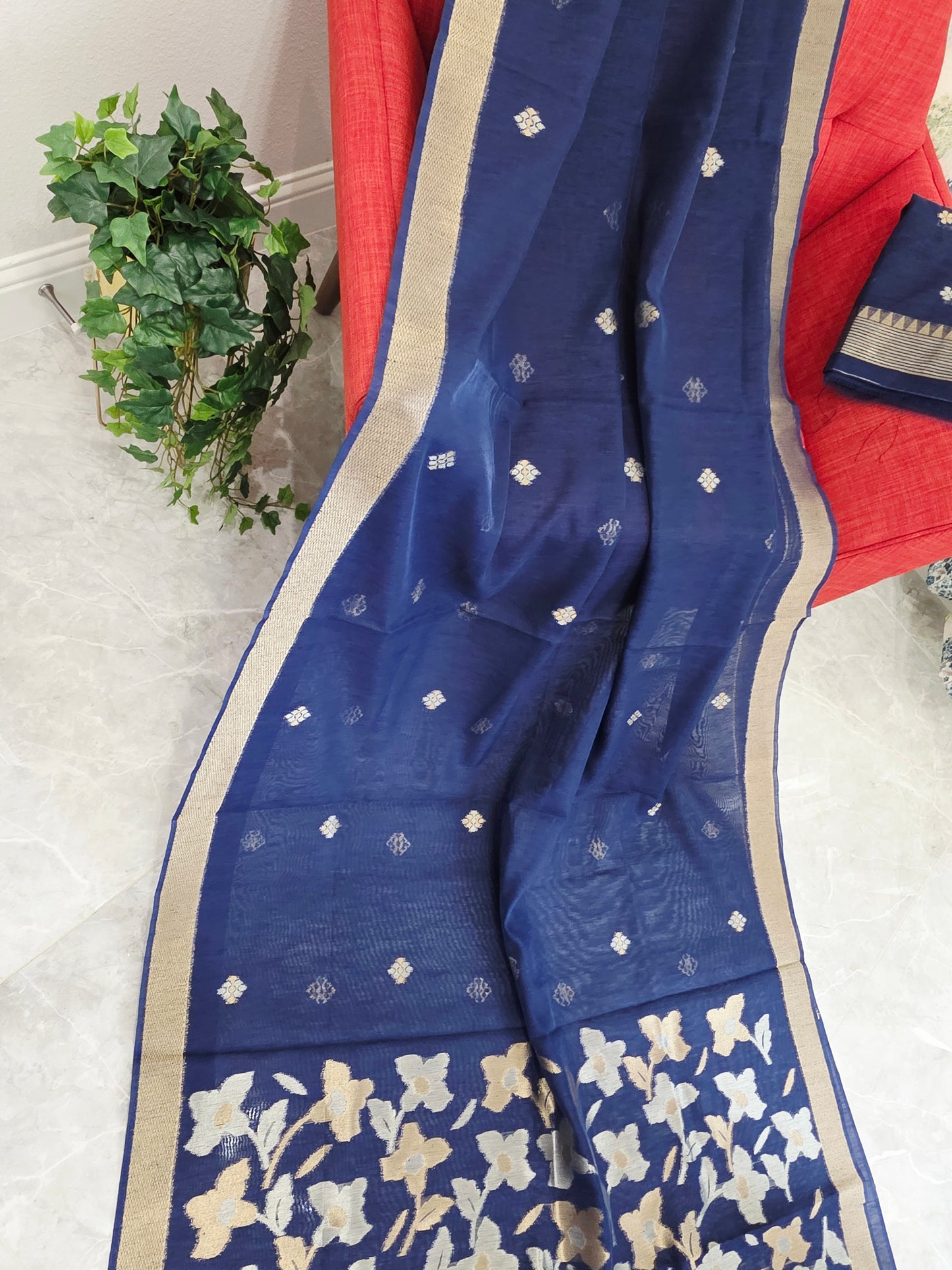 Navy Blue Shade Semi Matka Silk Jamdani Saree