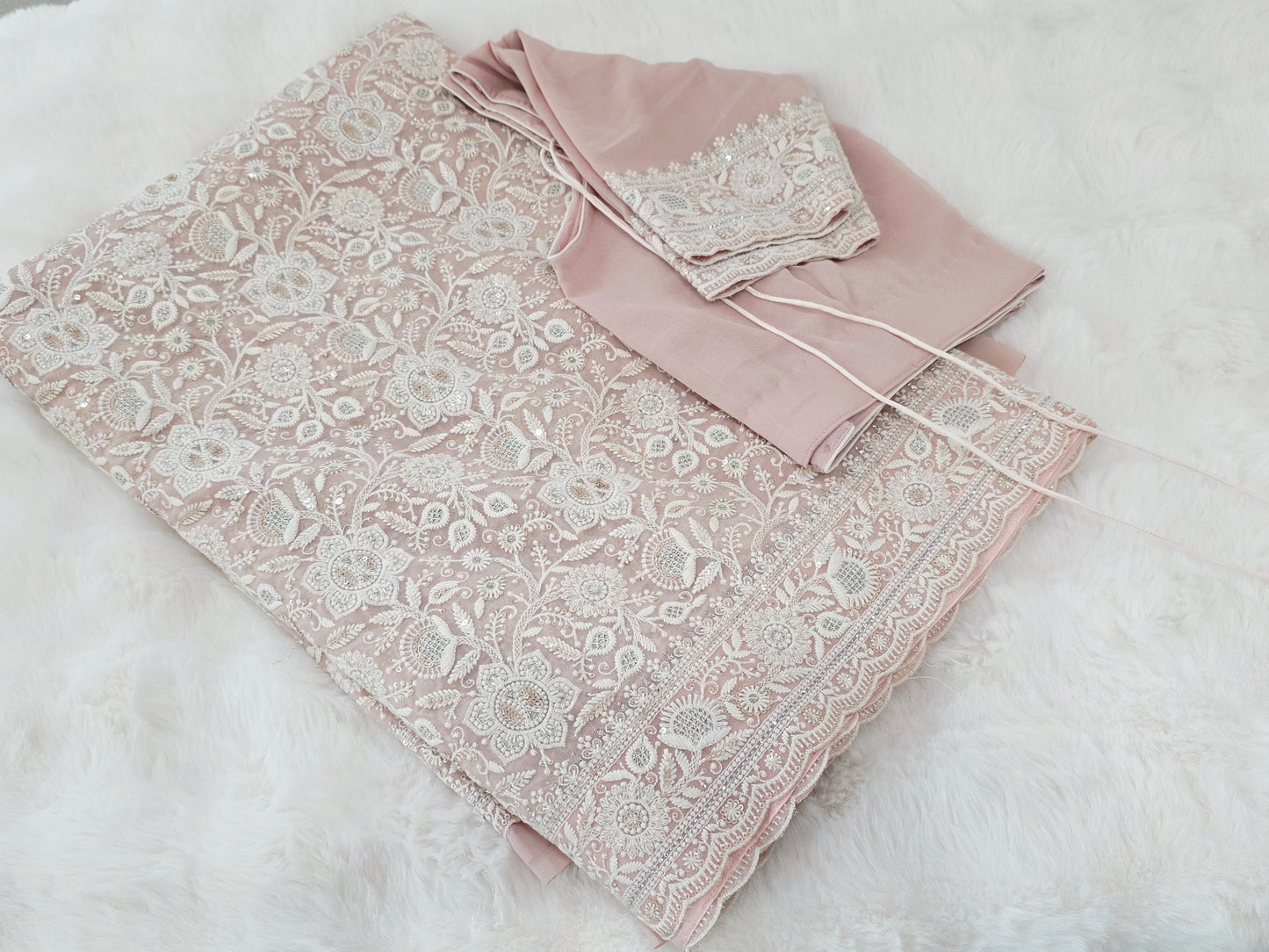 Blush Champagne Nude Viscose Georgette Saree with Pearl White Chikankari Embroidery & Stitched Blouse