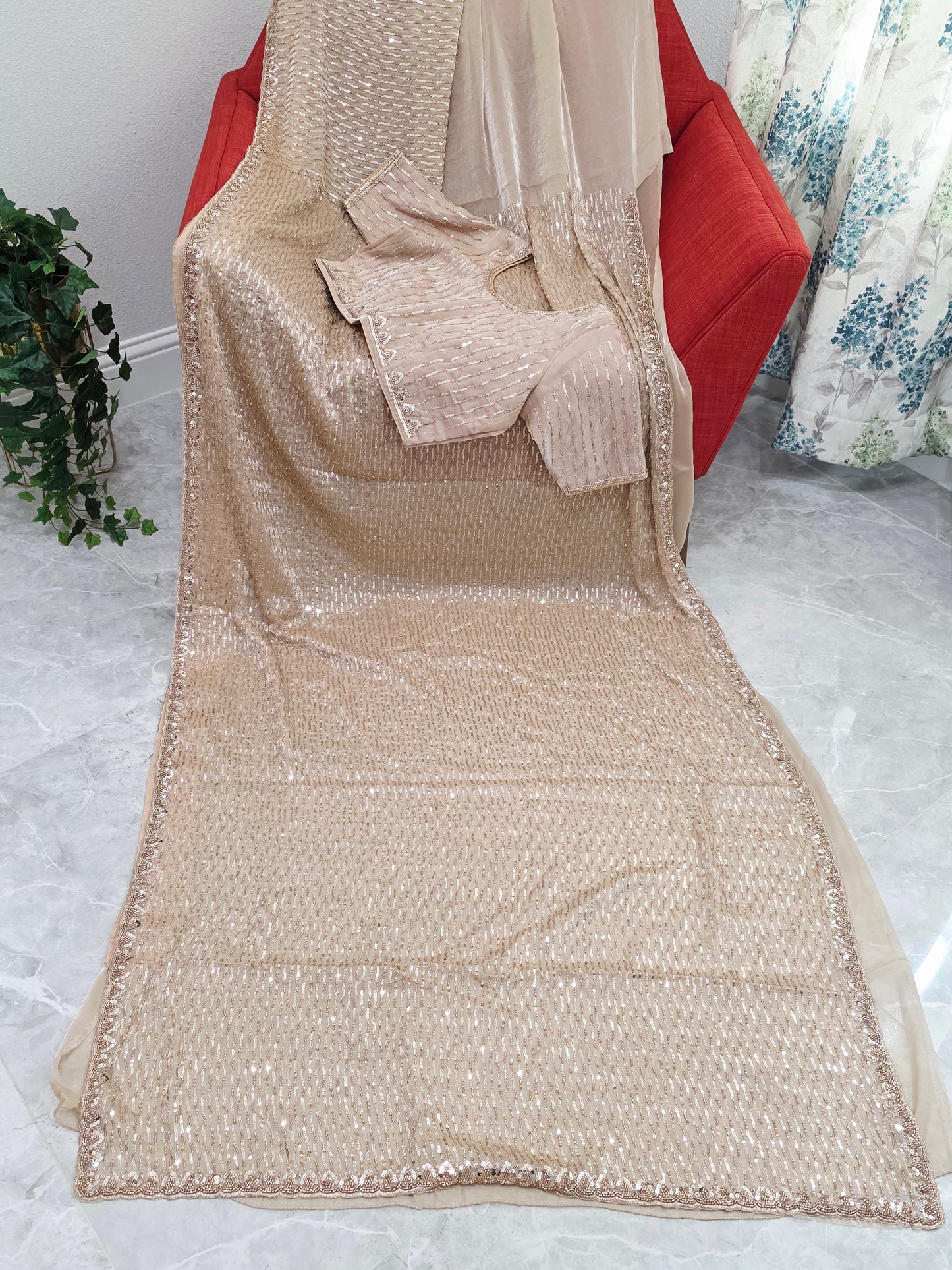 Champagne Ivory Soft Tissue Space Silk Sequin Saree with Stitched Blouse | Luxury Cocktail Party Saree