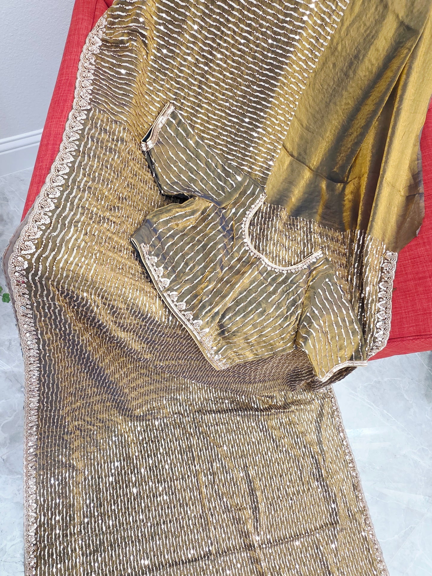 Champagne Olive Gold Soft Tissue Space Silk Sequin Saree with Stitched Blouse | Cocktail Party Saree