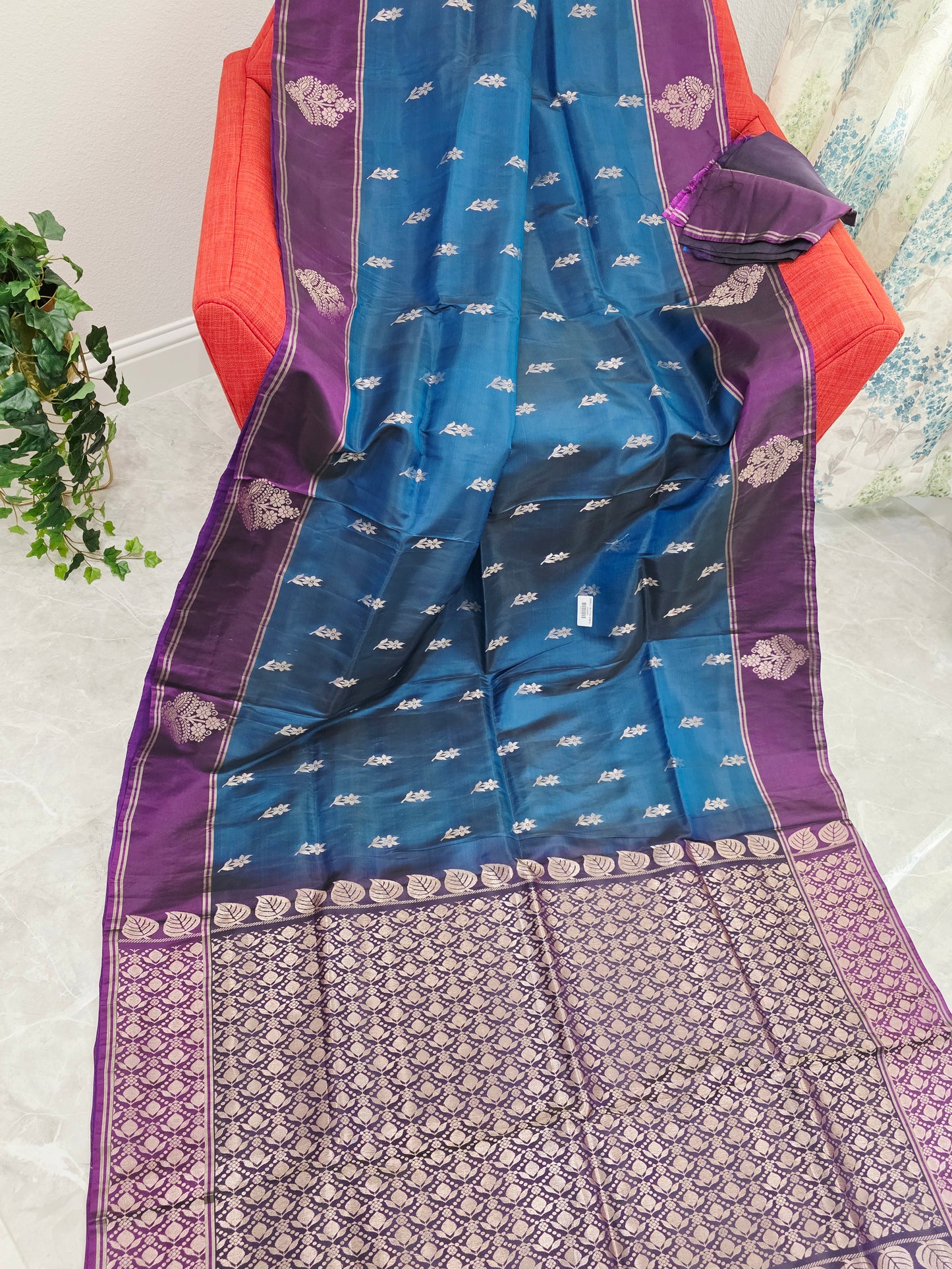 Semi Kanchi Soft Silk Saree in Peacock Teal with Purple Butta Border