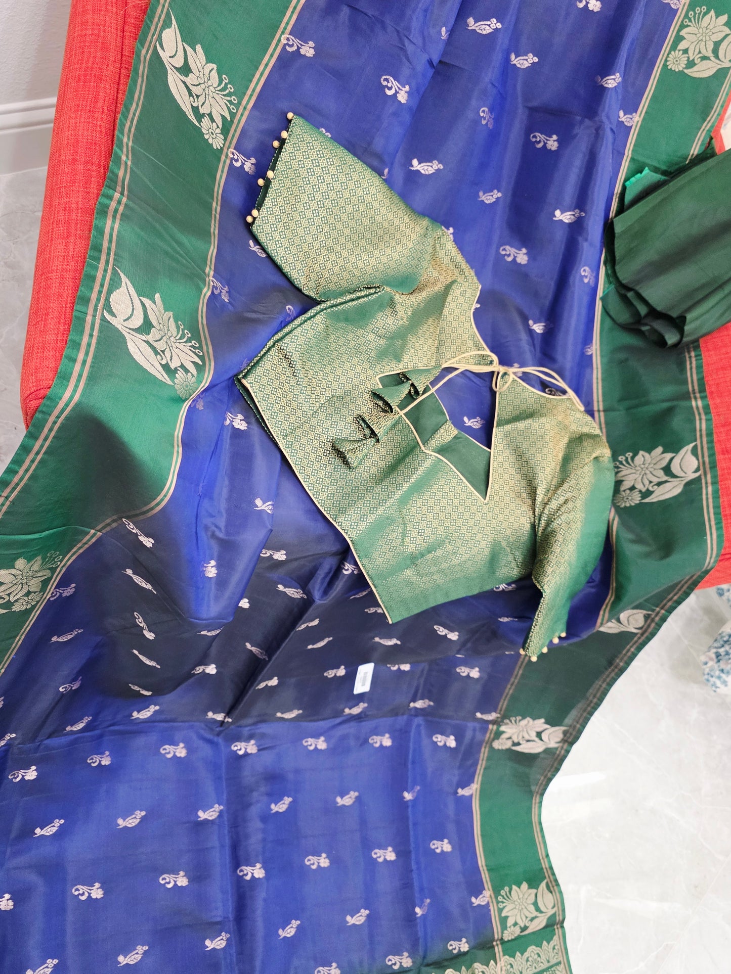 Royal Sapphire Blue Semi Kanchi Soft Silk Saree with Stitched Benarasi Blouse
