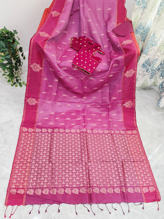 Semi Kanchi Soft Silk Saree in Rose Magenta with Maroon Butta Border Paired with Benarasi Stitched Blouse