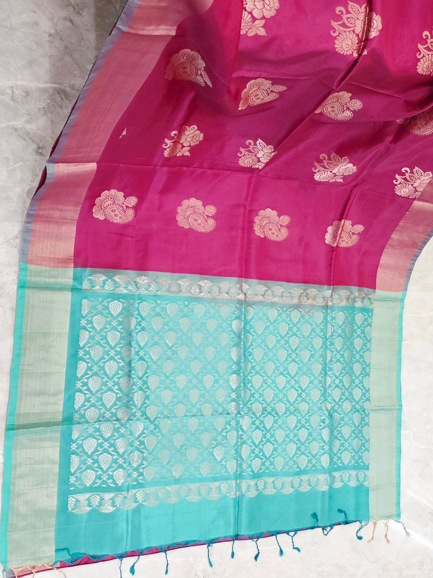 Royal Magenta Semi Kanchi Soft Silk Saree with Aqua Zari Pallu