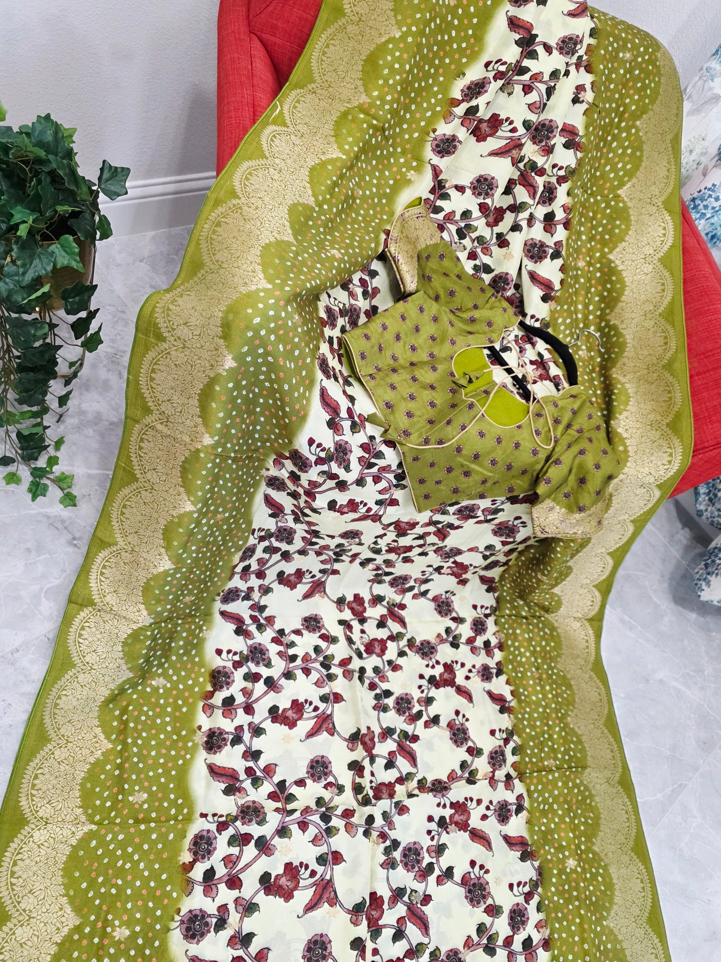 Royal Olive & Ivory Kalamkari Dola Benarasi Silk Saree with Bandhini Zari Border & Premium Stitched Blouse