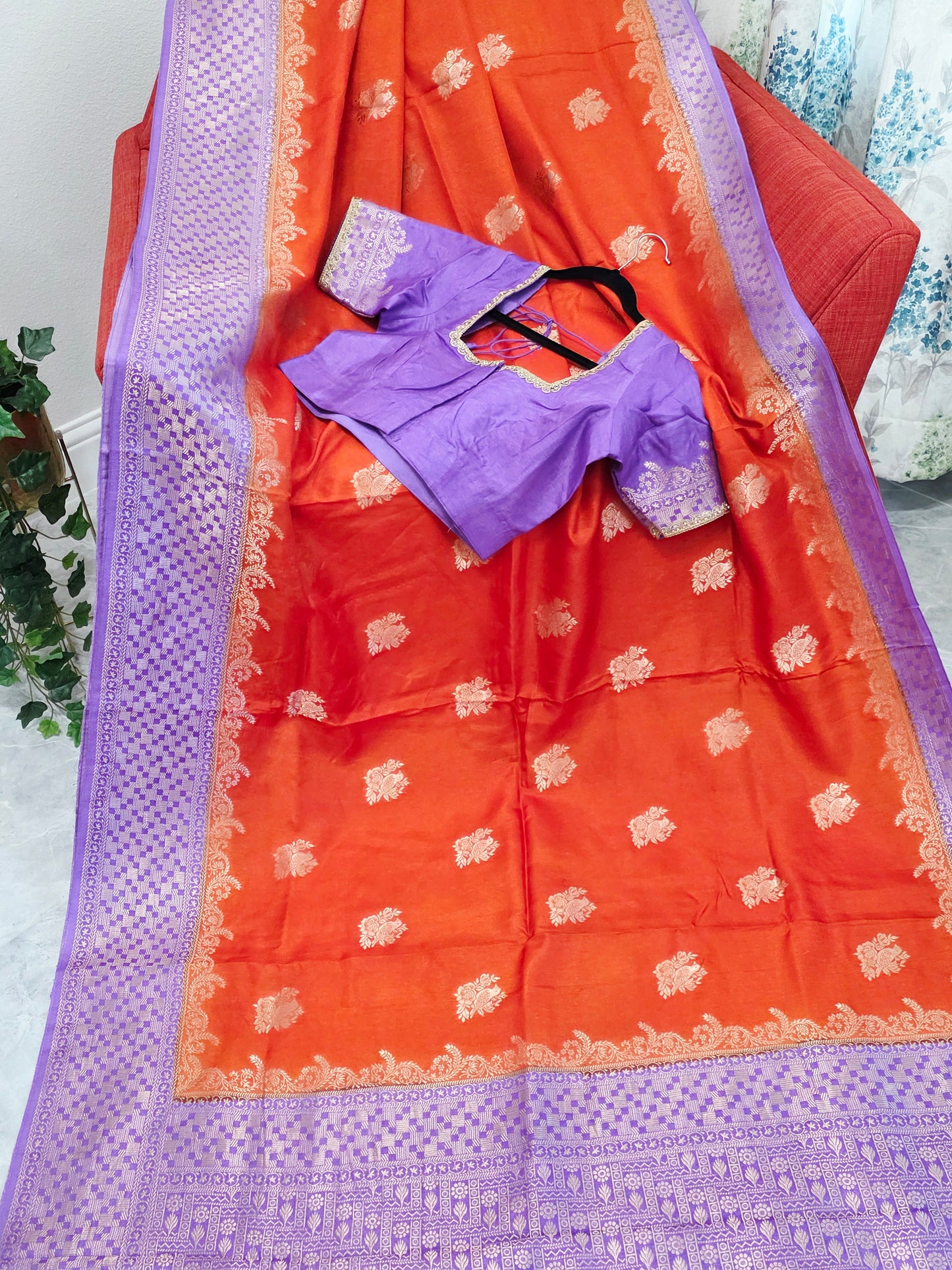 Saffron Orange Dola Benarasi Crepe Silk Saree with Lavender Border & Parrot Butta | Stitched Blouse