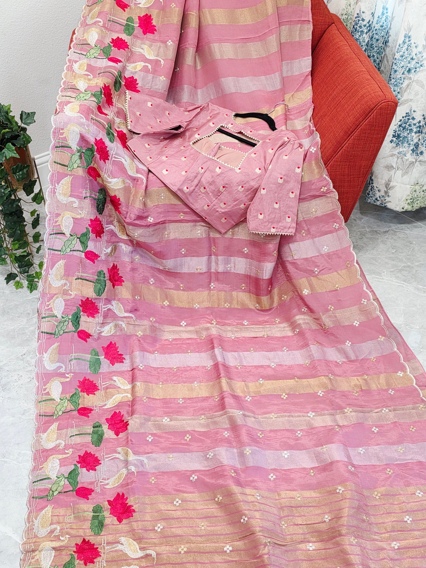 Vintage Blush Rose Soft Falling Tissue Stripes Designer Saree with Floral Border & Stitched Blouse